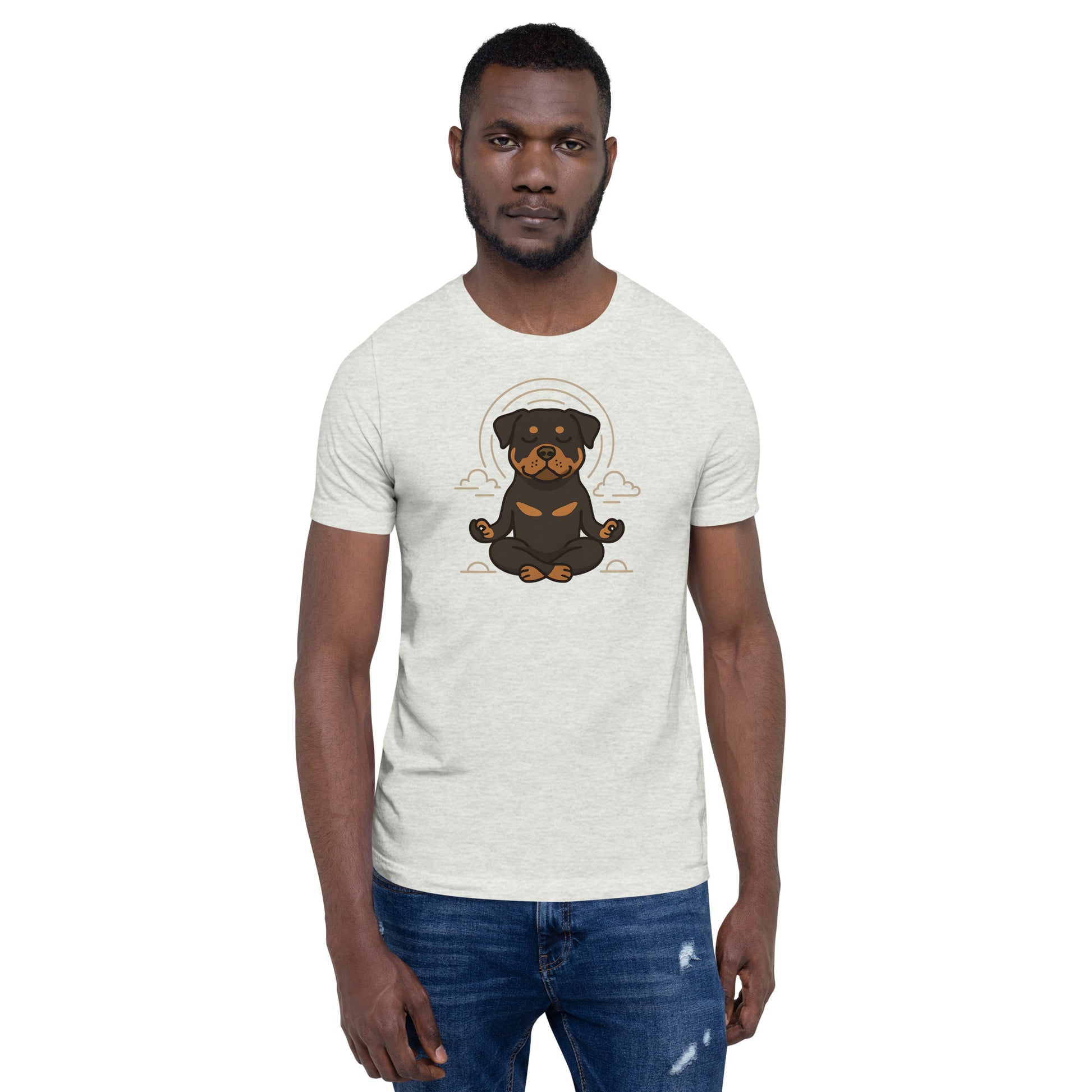 man wearing ash Meditative Rottweiler T-Shirt – Yoga-Inspired Dog Lover Gift