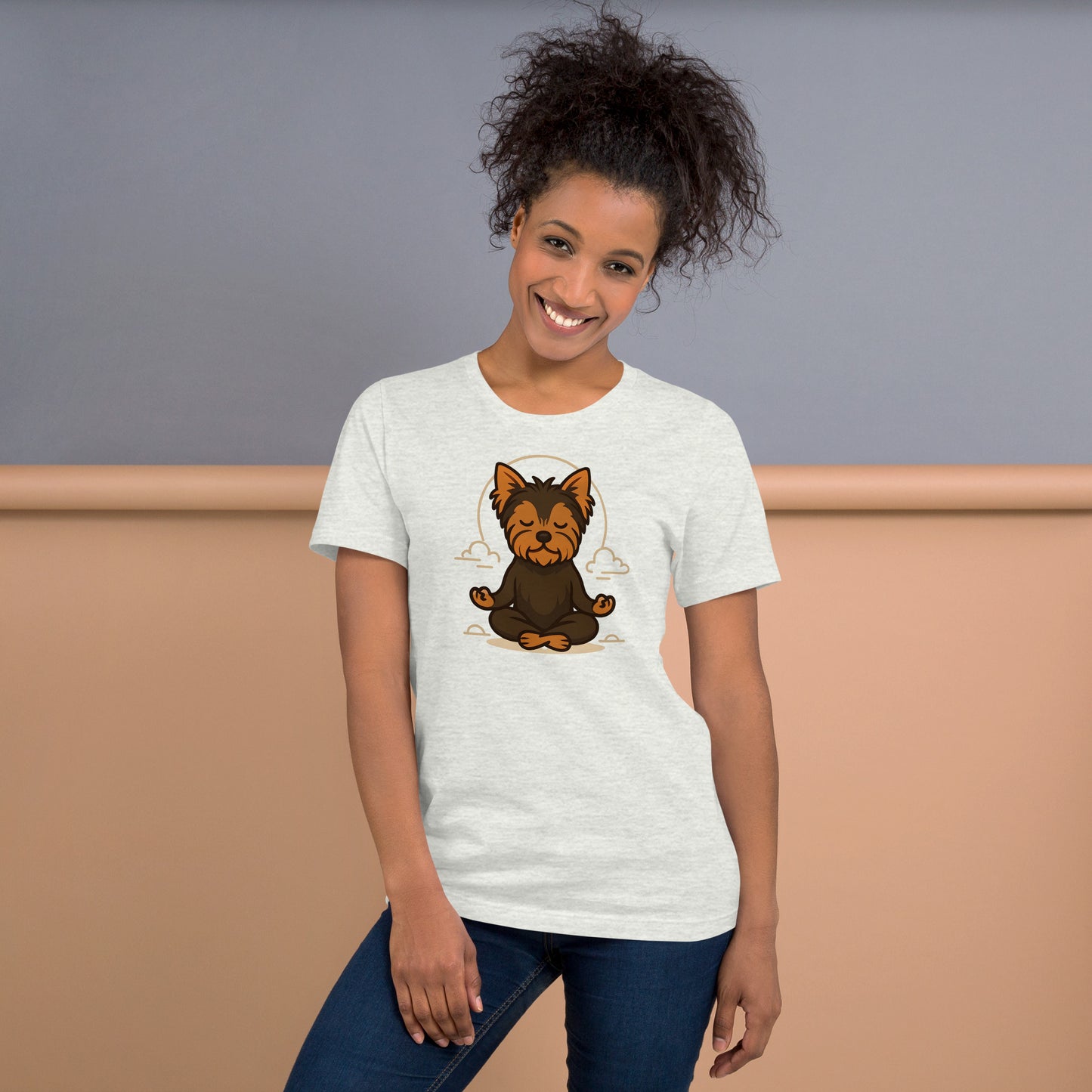 woman wearing ash Meditating Yorkie T-Shirt – Mindful Dog Lover Gift