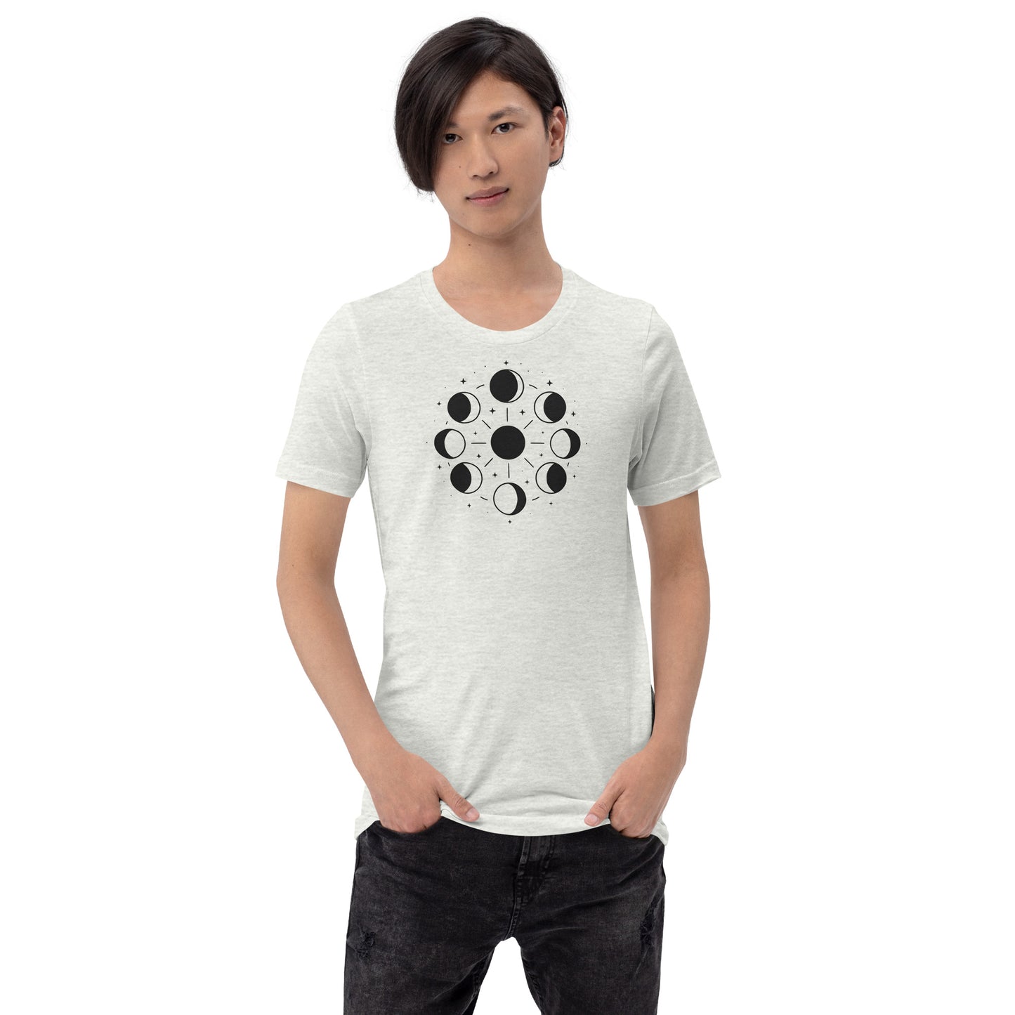 man wearing ash Celestial Phases Tee – Unisex Moon Phase Shirt for Astrology Lovers