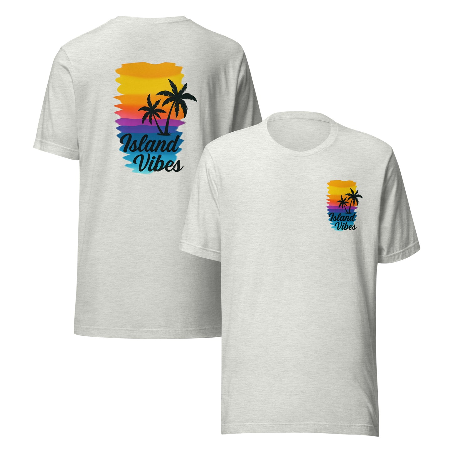 front and back of gray Unisex Island Vibes t-shirt with tropical graphic, perfect for summer, beach days, and vacation wear