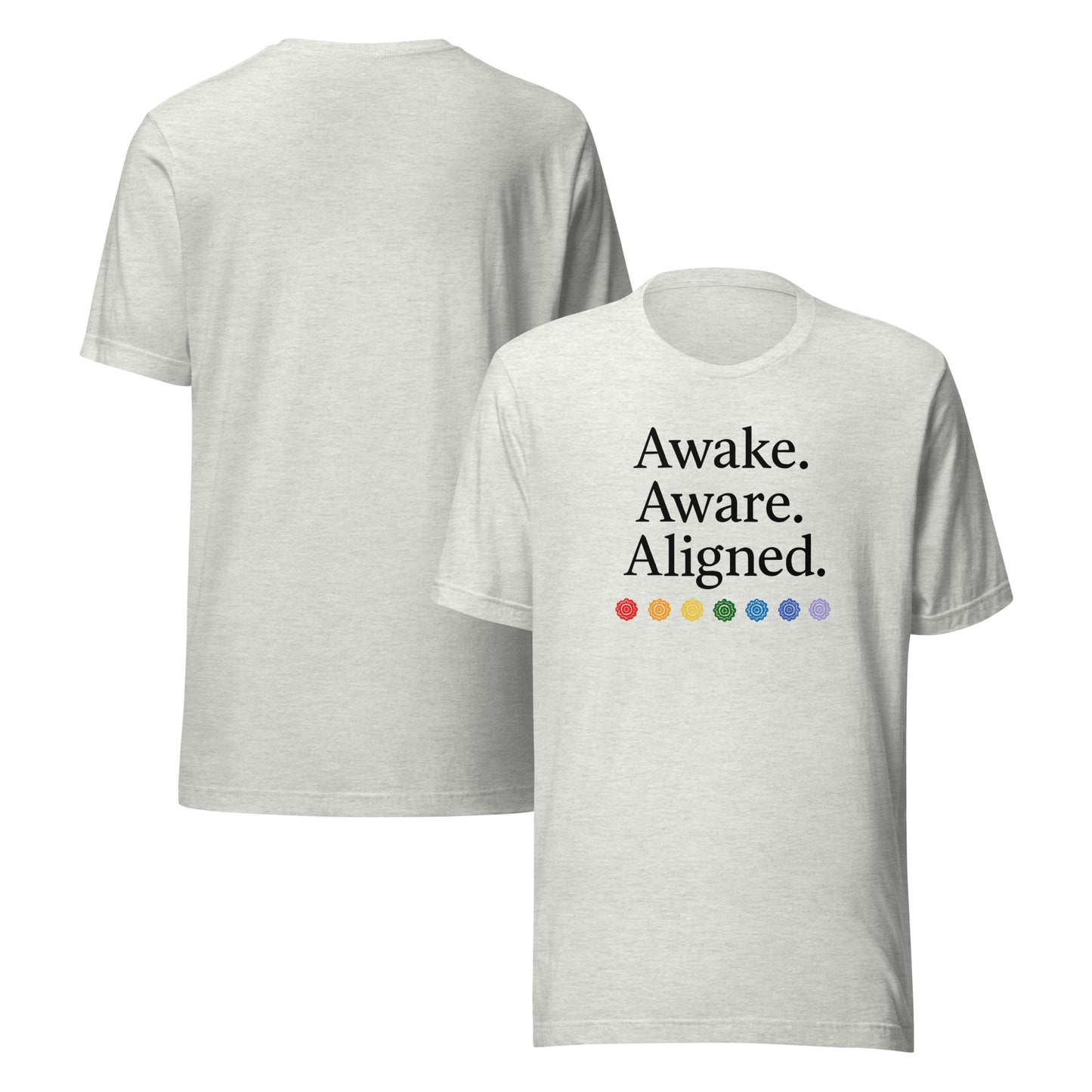 front and back of gray Awake. Aware. Aligned. Unisex Jersey T-Shirt – Mindful Statement Tee