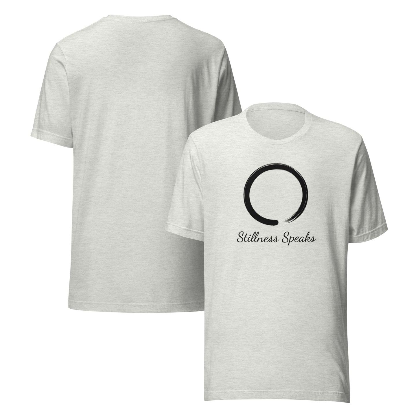 front and back of gray Stillness Speaks T-Shirt – Unisex Zen-Inspired Spiritual Tee