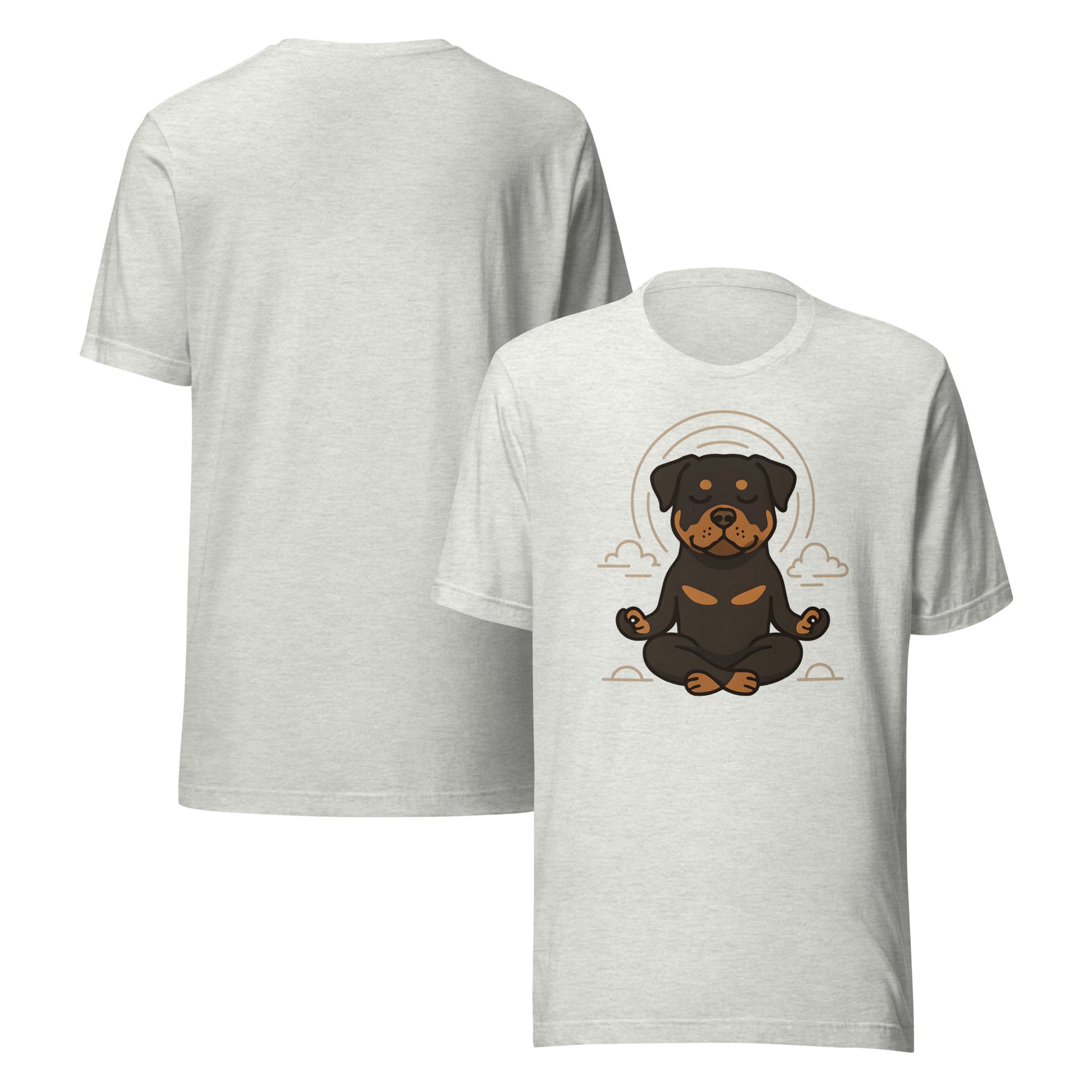 front and back of ash Meditative Rottweiler T-Shirt – Yoga-Inspired Dog Lover Gift