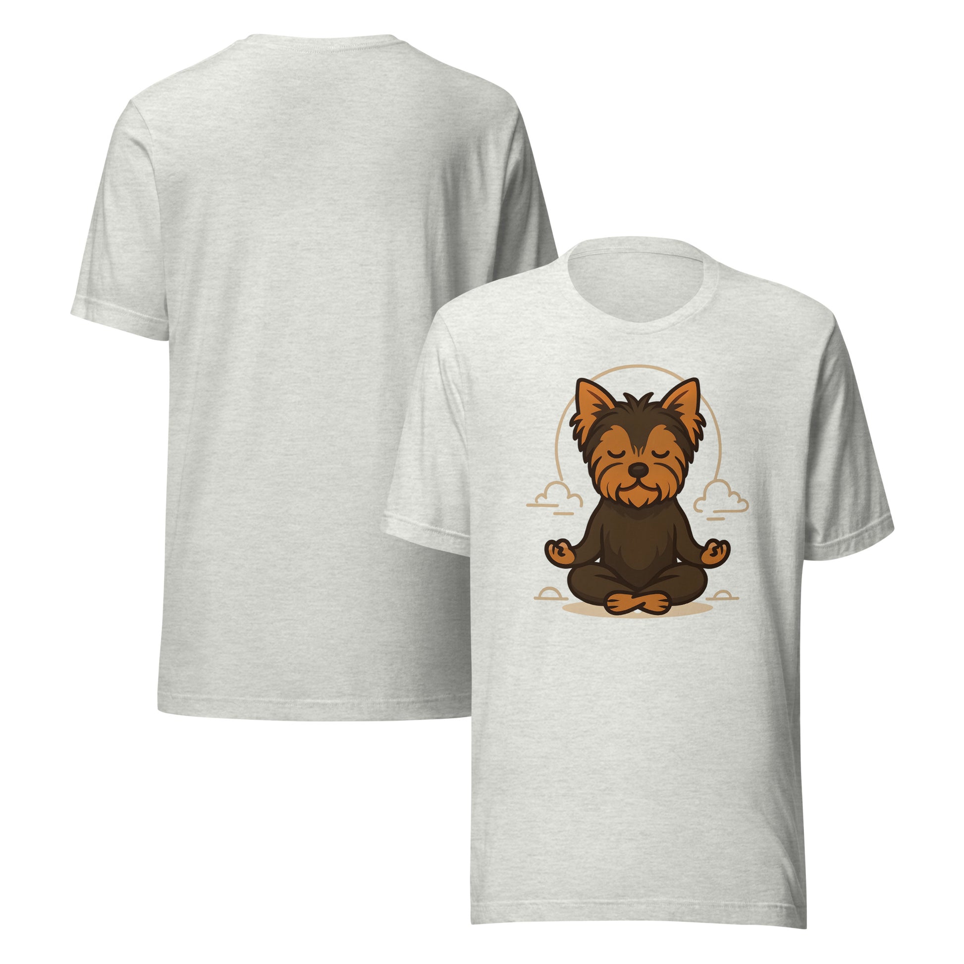 front and back of ash Meditating Yorkie T-Shirt – Mindful Dog Lover Gift