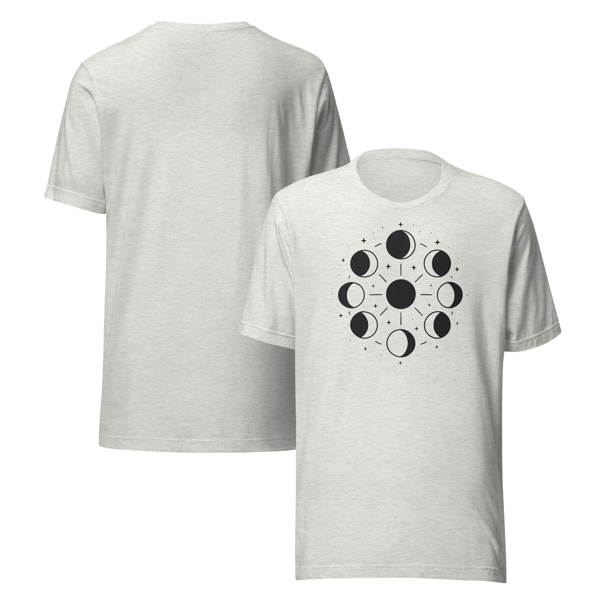 front and back of ash Celestial Phases Tee – Unisex Moon Phase Shirt for Astrology Lovers