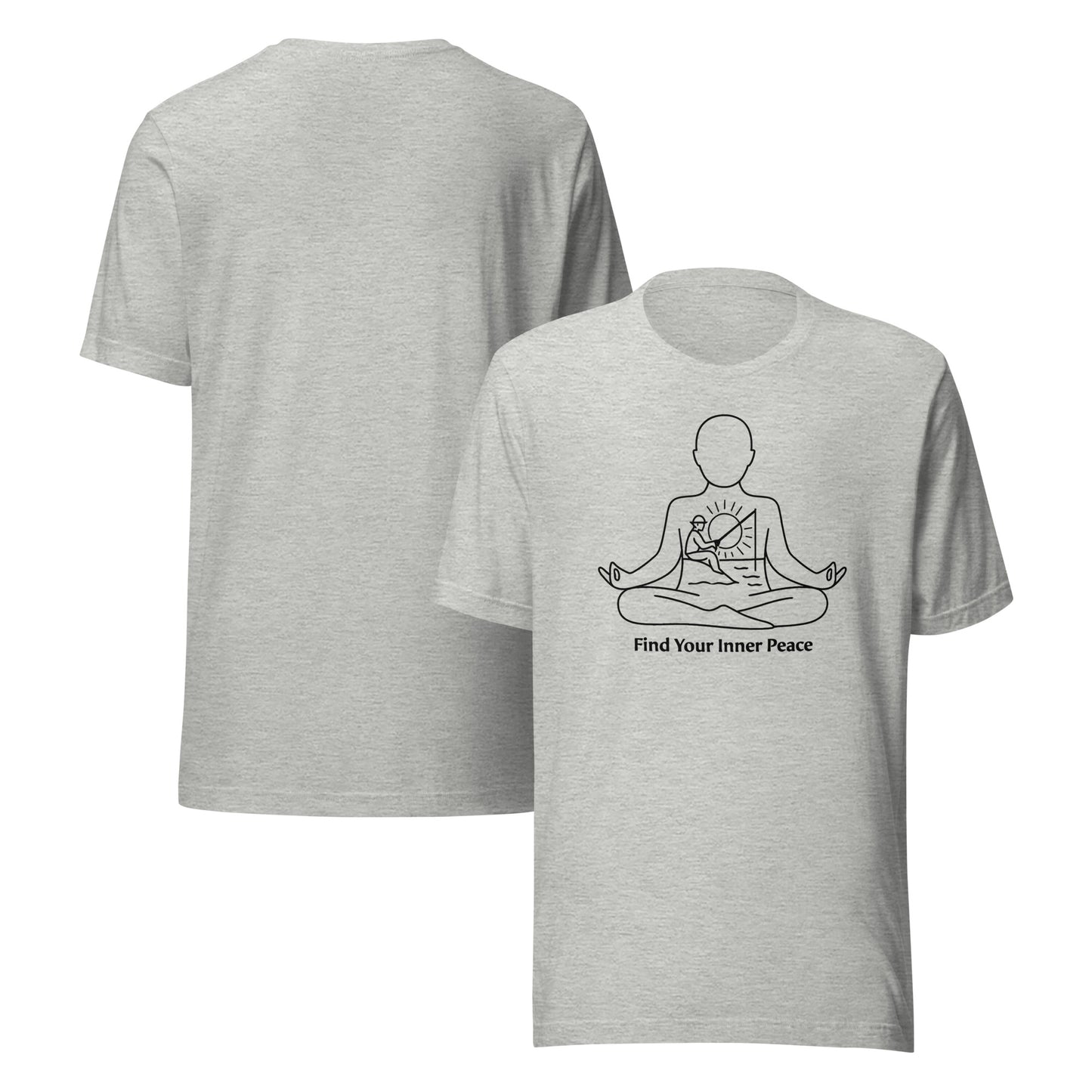 front and back of gray Find Your Inner Peace Fishing Tee – Men’s Fishing Graphic Shirt
