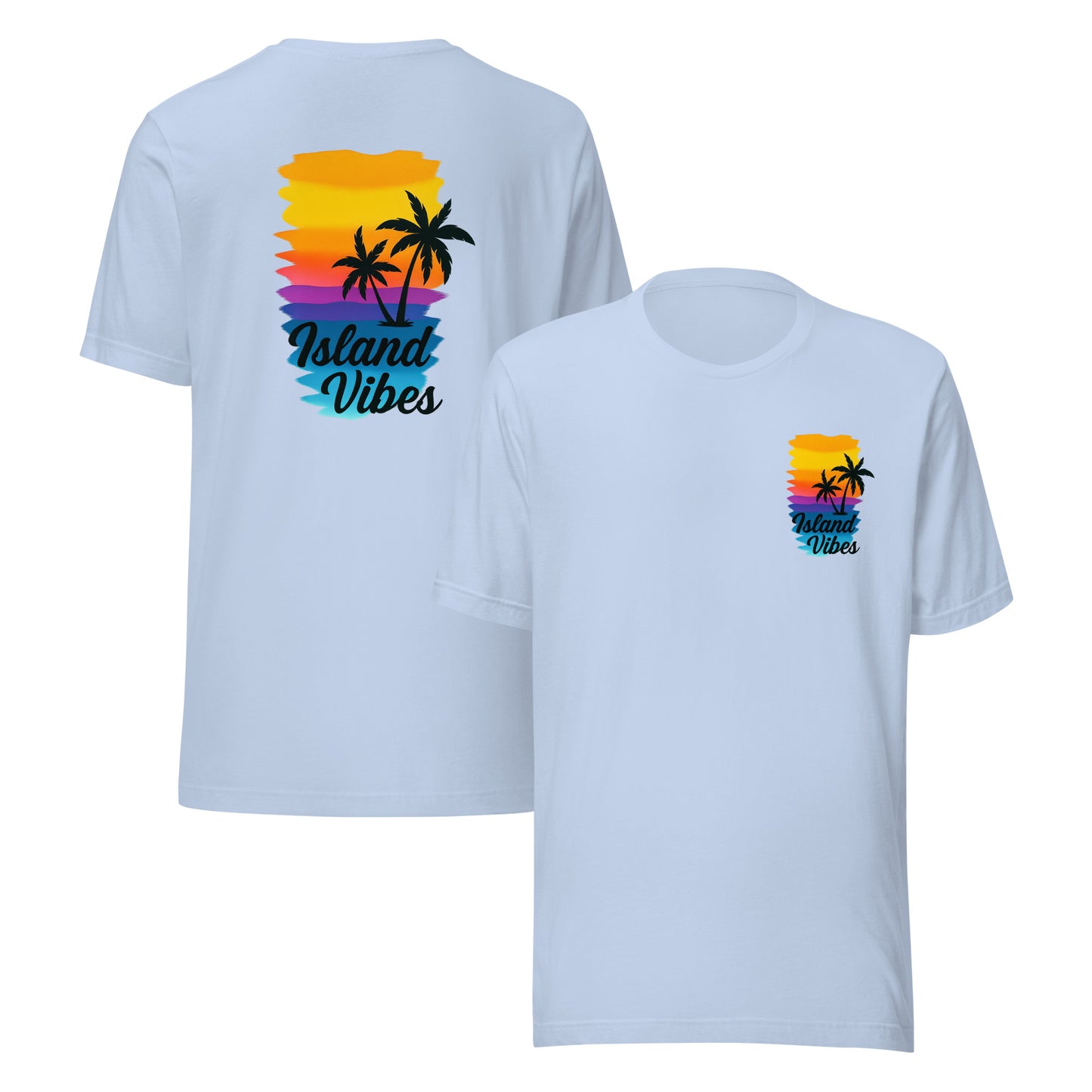 front and back of baby blue Unisex Island Vibes t-shirt with tropical graphic, perfect for summer, beach days, and vacation wear
