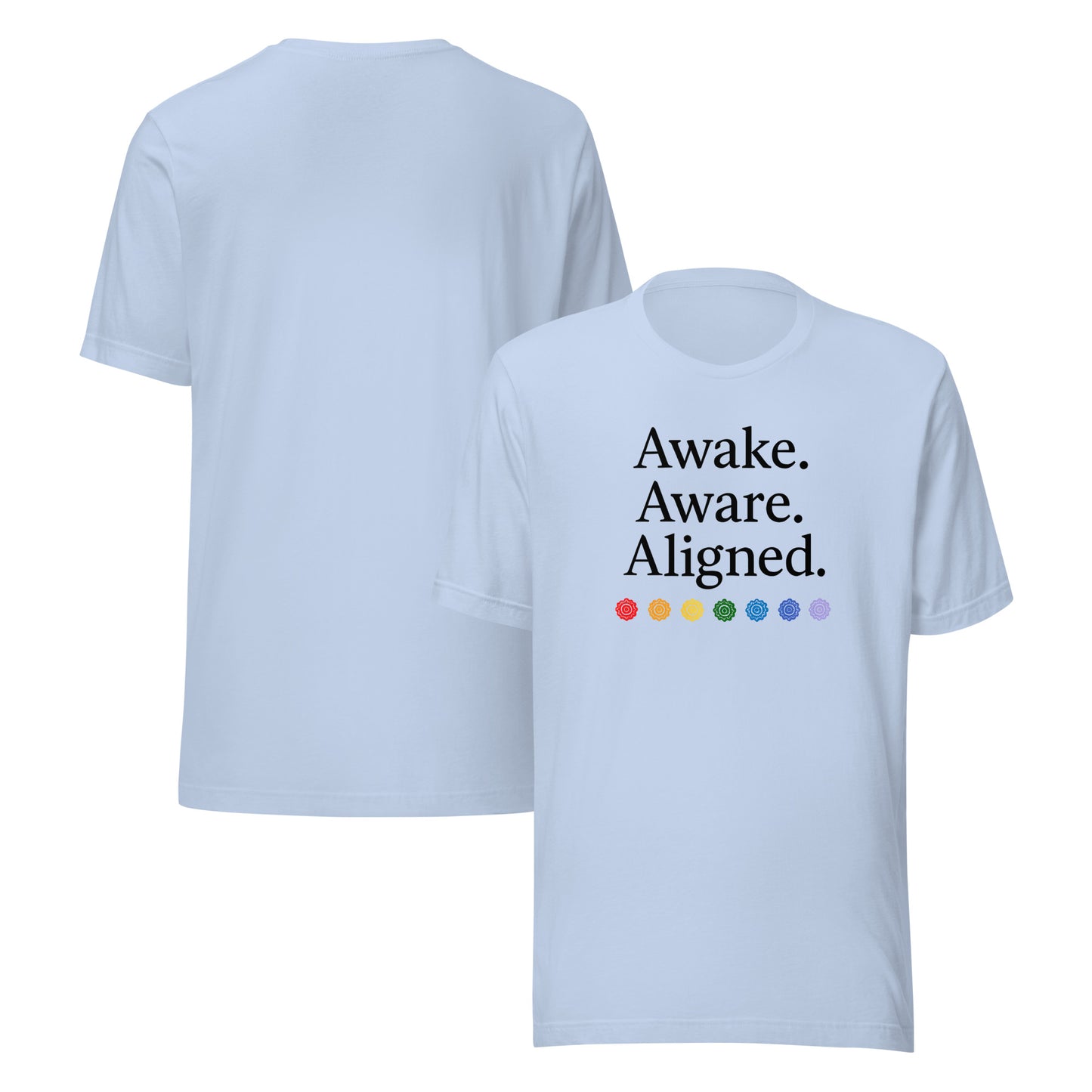 front and back of blue Awake. Aware. Aligned. Unisex Jersey T-Shirt – Mindful Statement Tee