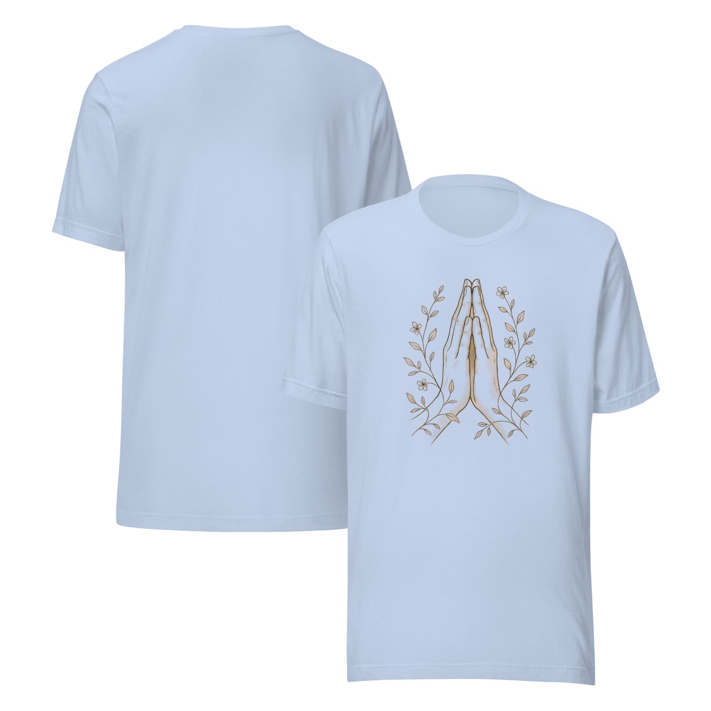 front and back of blue Namaste Hands T-Shirt – Unisex Spiritual Tee with Floral Design