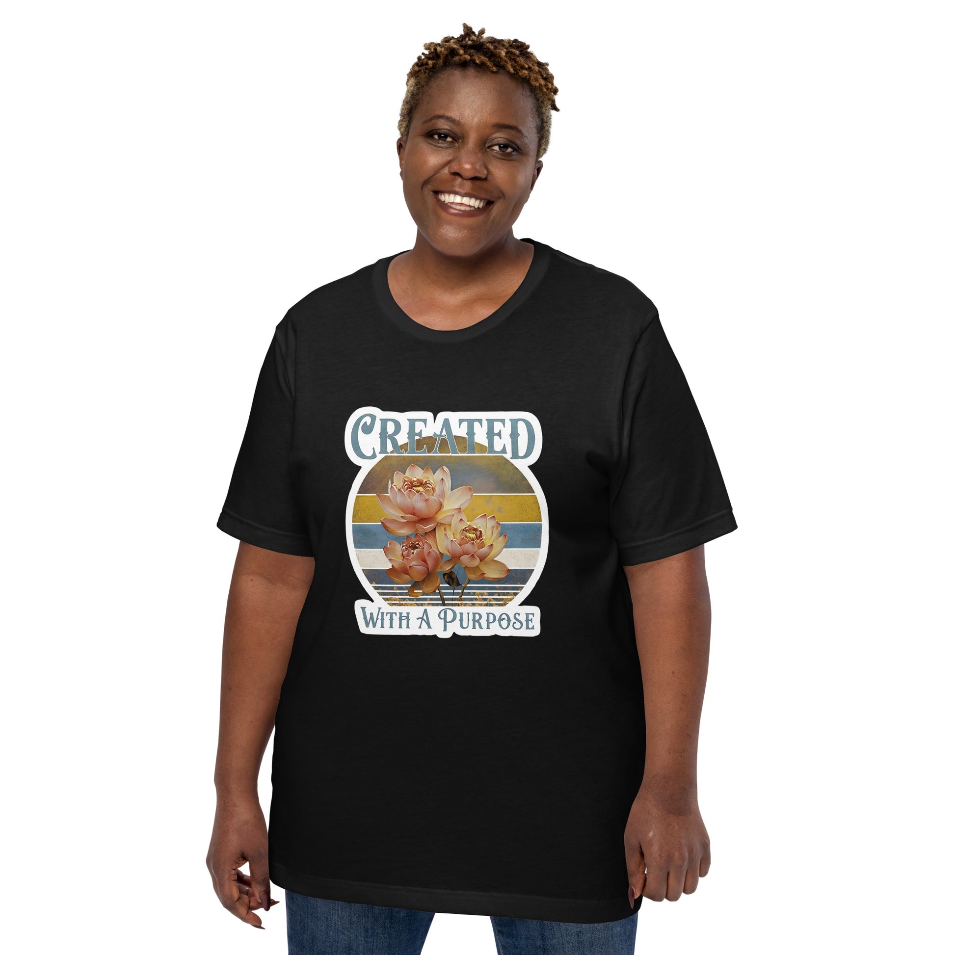 woman wearing a black t-shirt with a graphic design and text on a white background