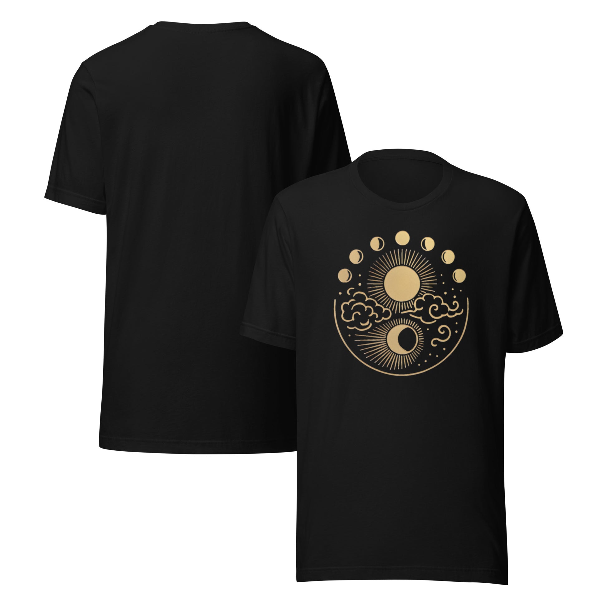 Black t-shirt with gold celestial design on a white background