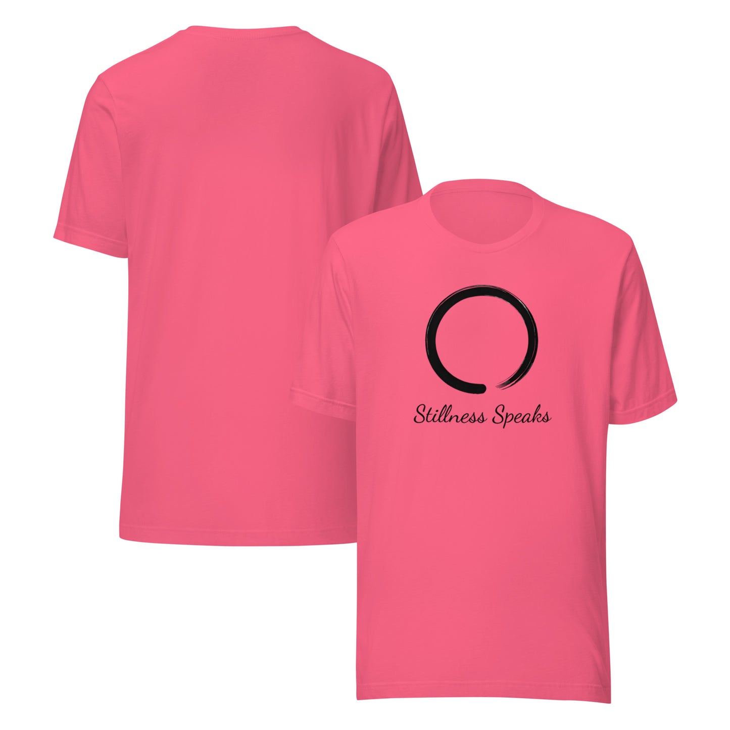 front and back of pink Stillness Speaks T-Shirt – Unisex Zen-Inspired Spiritual Tee