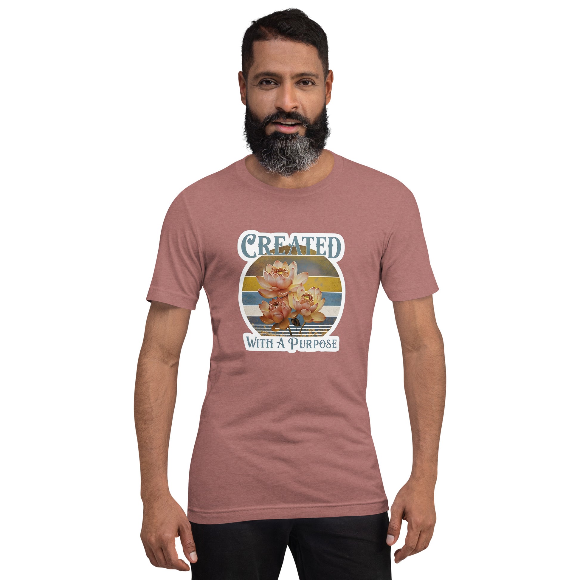 Man wearing Mauve Created With A Purpose Unisex T-Shirt – Inspirational Faith Tee