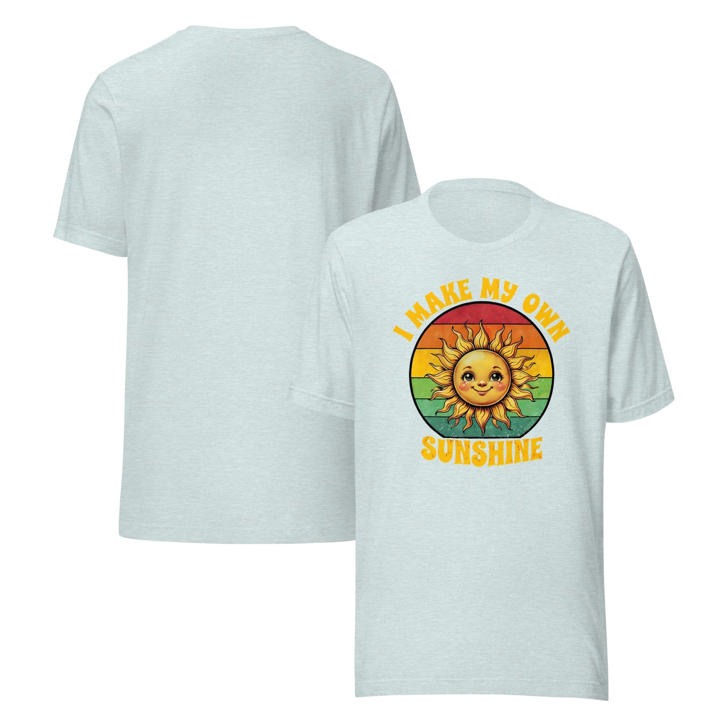 Light blue t-shirt with I make my own sunshine graphic and text on a white background