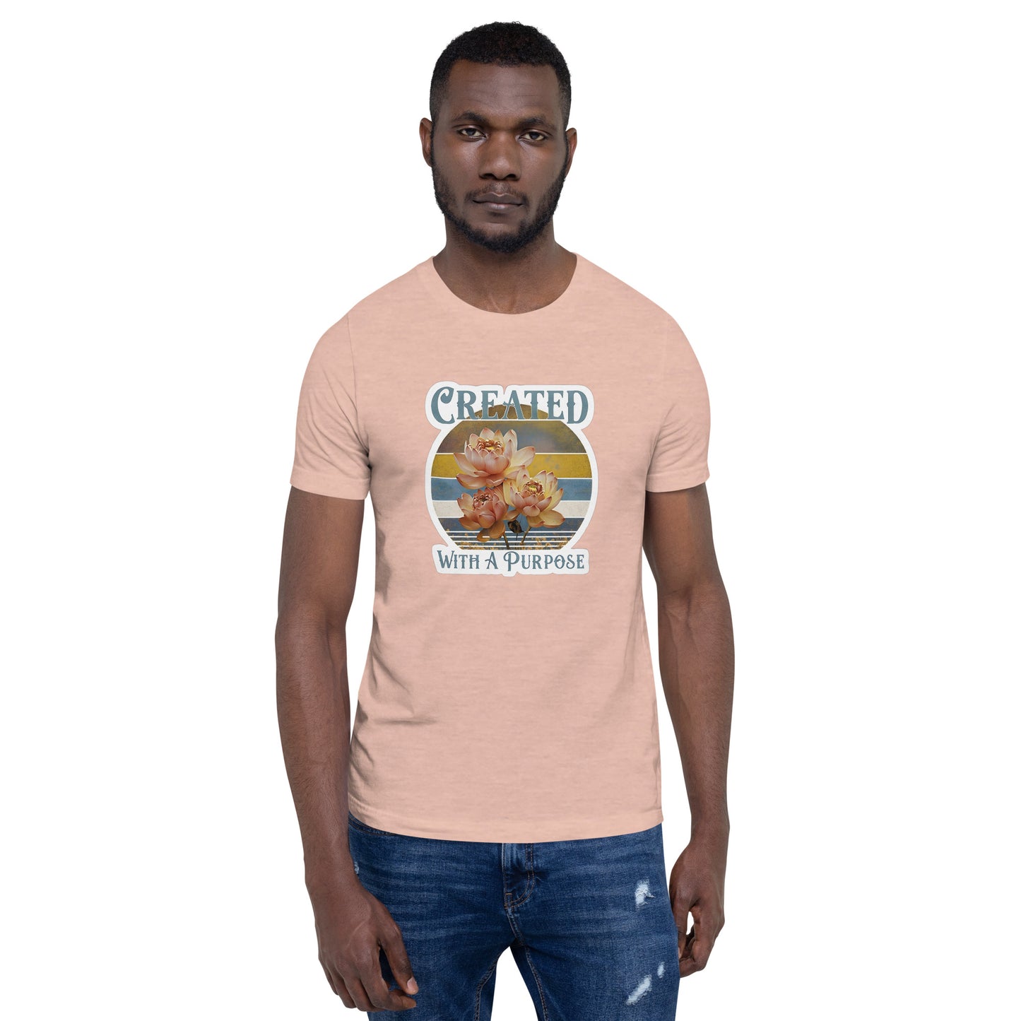 Man wearing a peach t-shirt with a graphic design and text on a white background