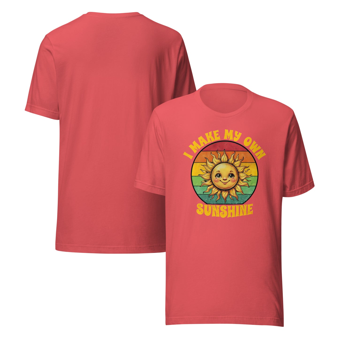 Red t-shirt with a sun graphic and text 'I Make My Own Sunshine' on a white background