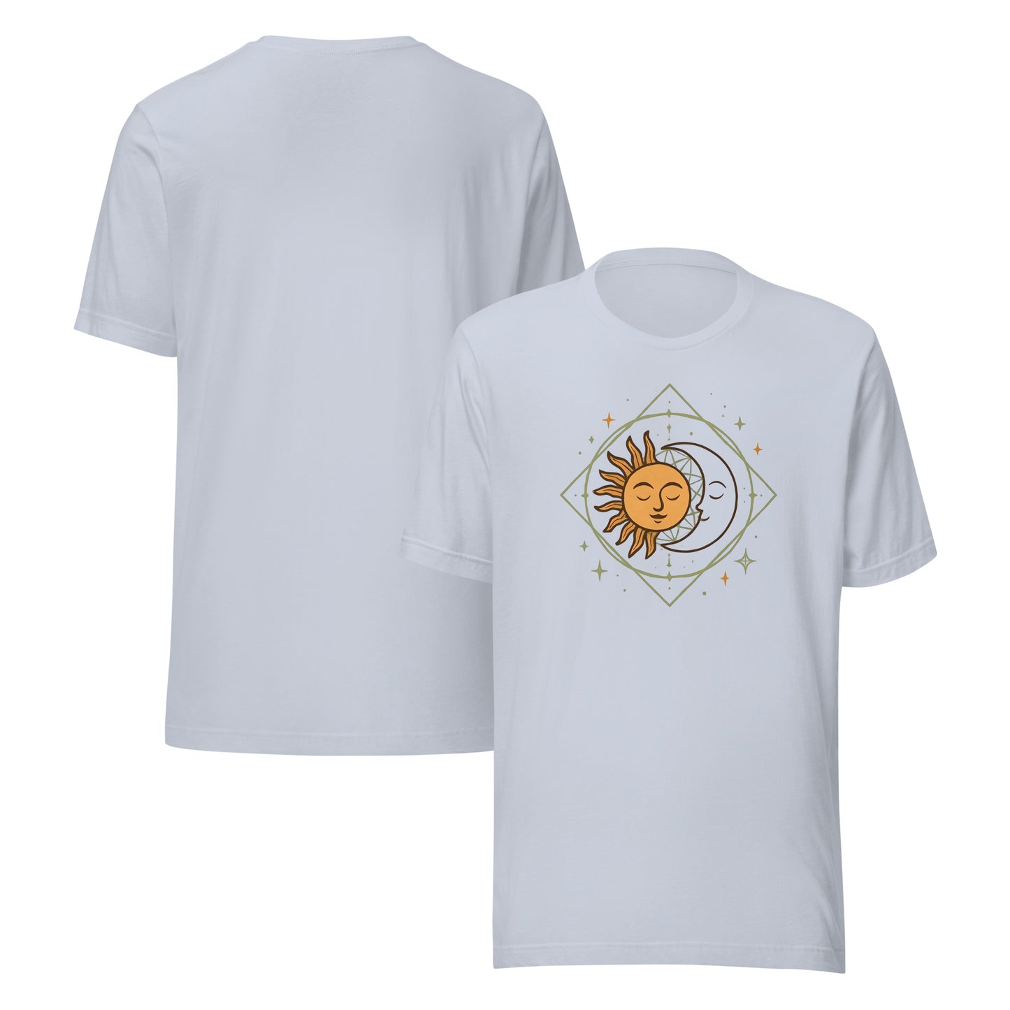 front and back of blue Sun and Moon Graphic Tee – Unisex Celestial T-Shirt