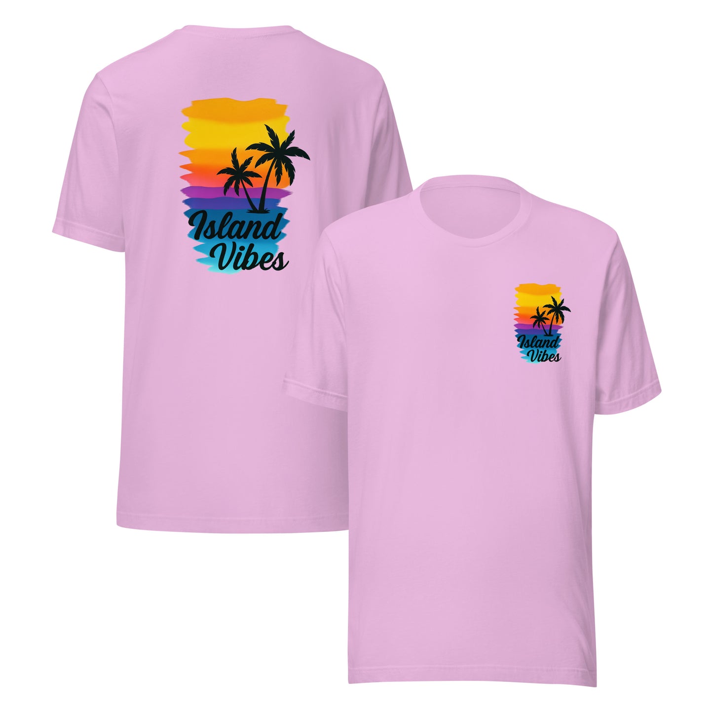 front and back of lilac Unisex Island Vibes t-shirt with tropical graphic, perfect for summer, beach days, and vacation wear