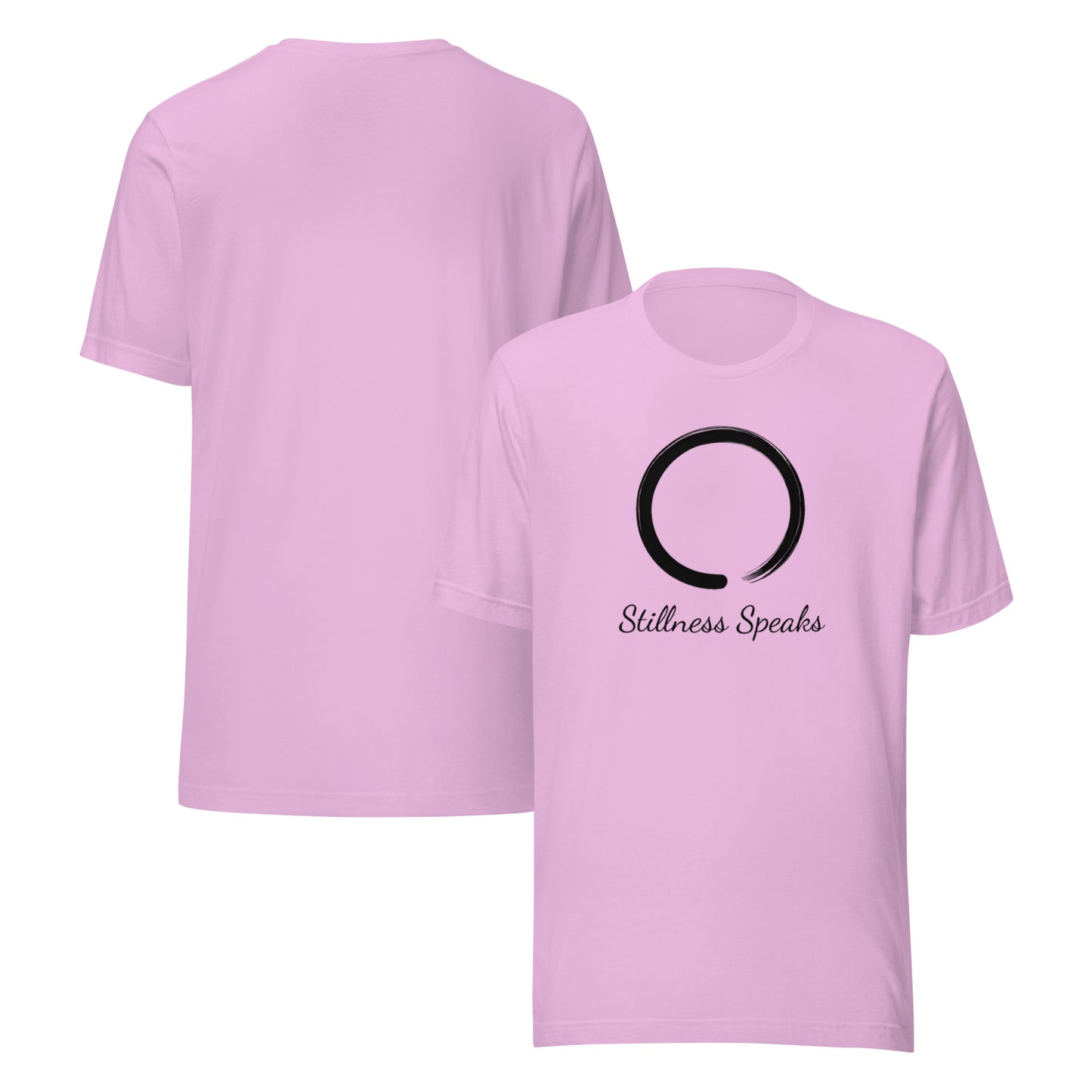 front and back of lilac Stillness Speaks T-Shirt – Unisex Zen-Inspired Spiritual Tee