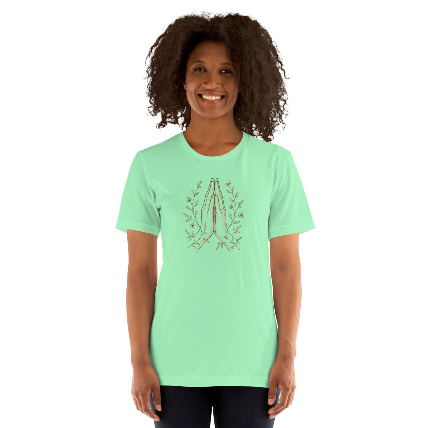 woman wearing green  Namaste Hands T-Shirt – Unisex Spiritual Tee with Floral Design