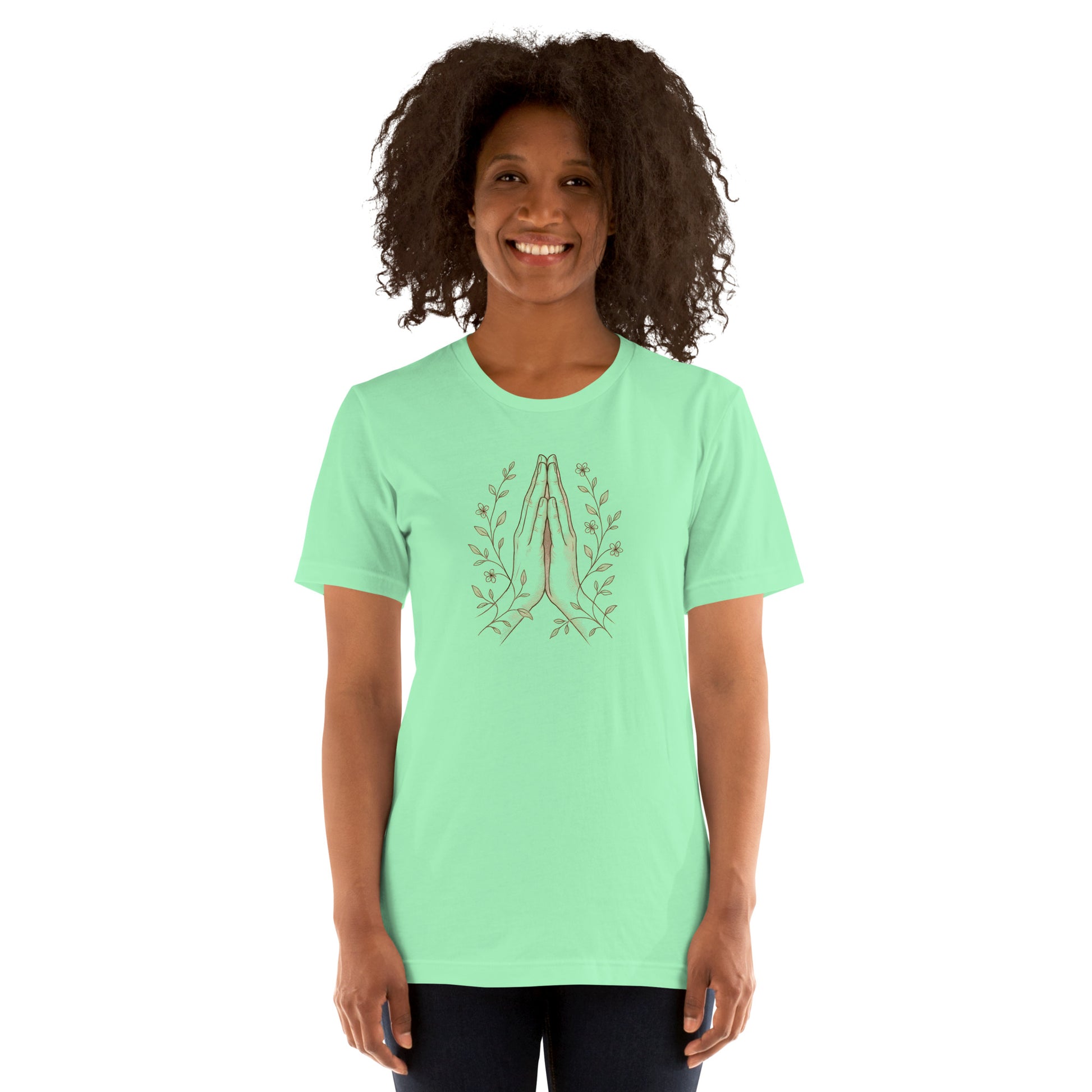 woman wearing green  Namaste Hands T-Shirt – Unisex Spiritual Tee with Floral Design