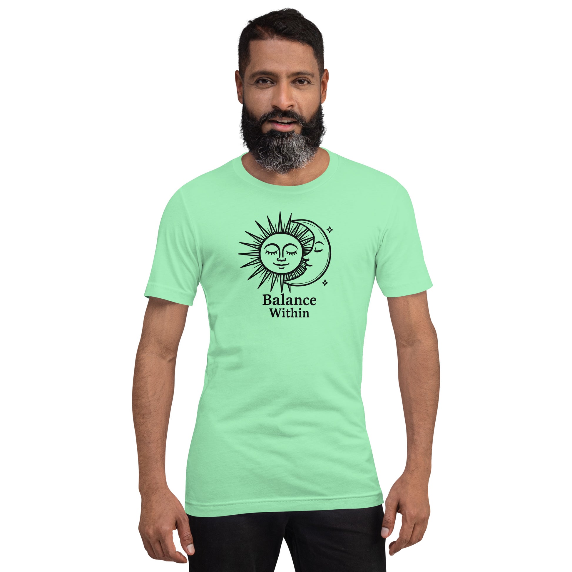 Man wearing a light green t-shirt with a sun and moon design and 'Balance Within' text on a white background
