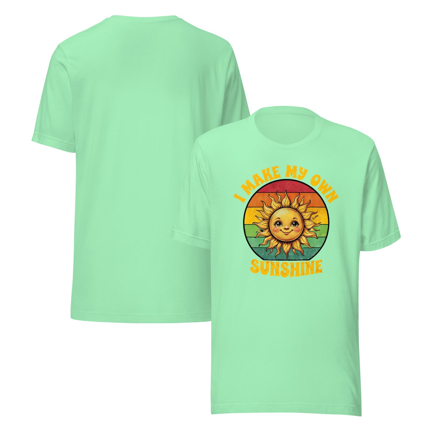 Light green t-shirt with I make my own sunshine graphic and text on a white background