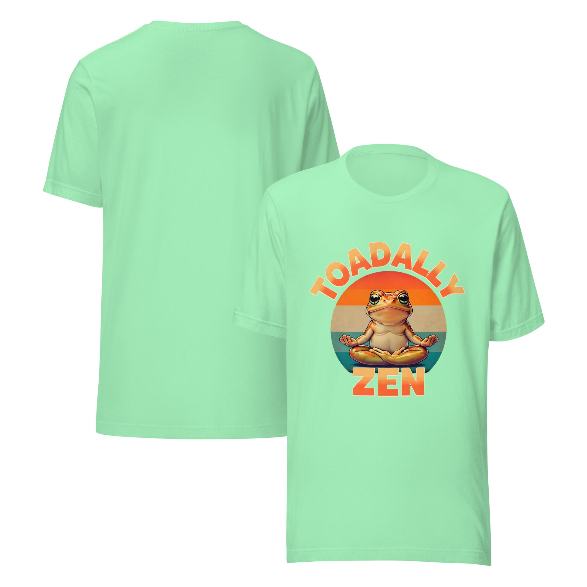 Light green t-shirt with a frog graphic and 'Toadally Zen' text on a white background