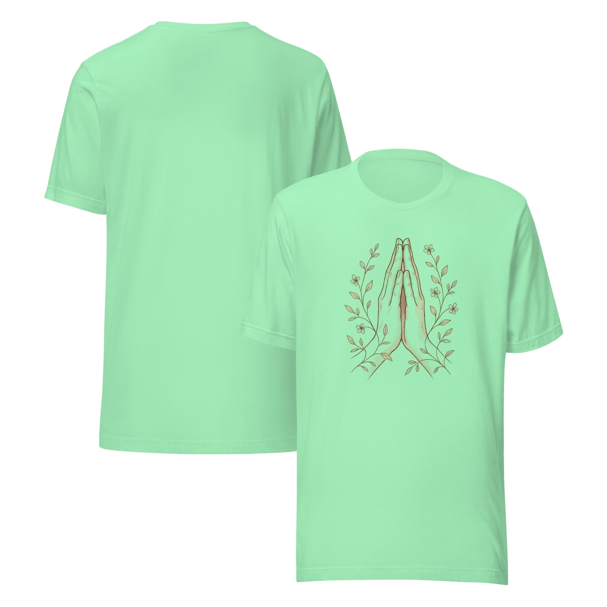 front and back of green Namaste Hands T-Shirt – Unisex Spiritual Tee with Floral Design