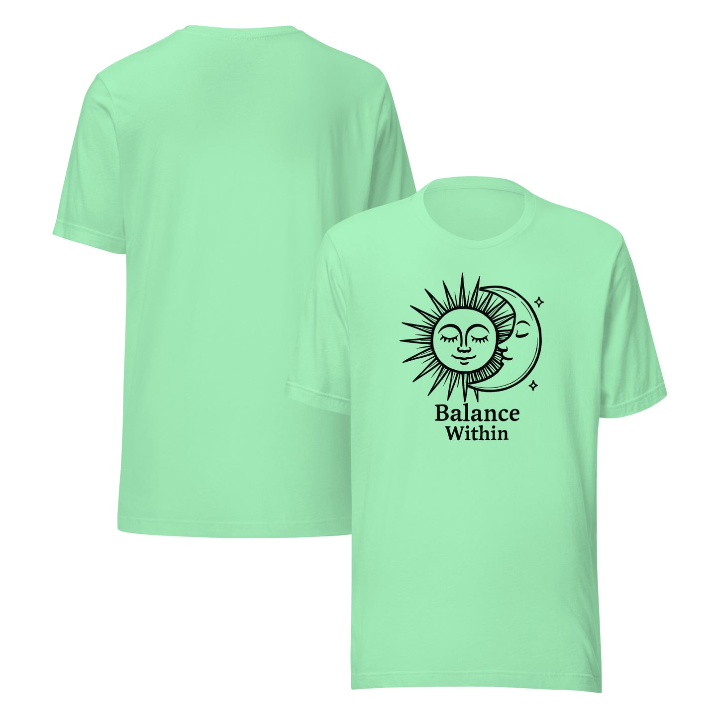 Light green t-shirt with 'Balance Within' design on a white background
