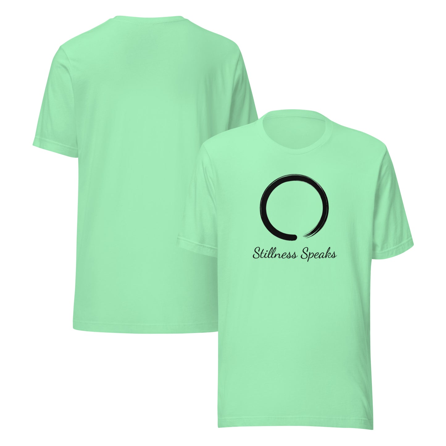 front and back of green Stillness Speaks T-Shirt – Unisex Zen-Inspired Spiritual Tee