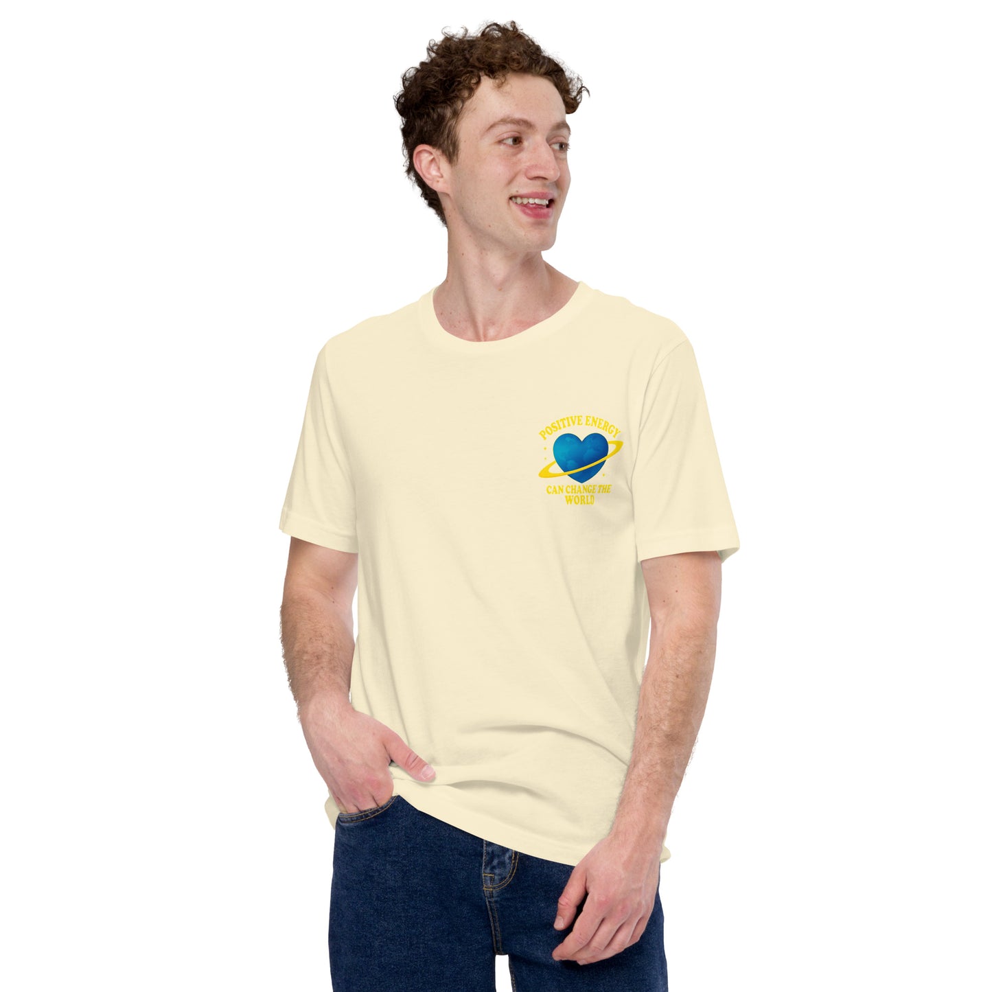 man wearing natural Positive Energy Heart Tee - Unisex Jersey T-Shirt