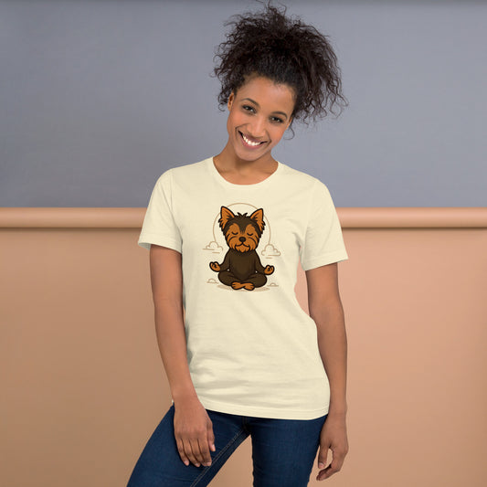 woman wearing natural Meditating Yorkie T-Shirt – Mindful Dog Lover Gift