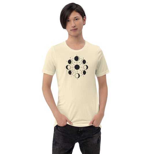 man wearing natural Celestial Phases Tee – Unisex Moon Phase Shirt for Astrology Lovers