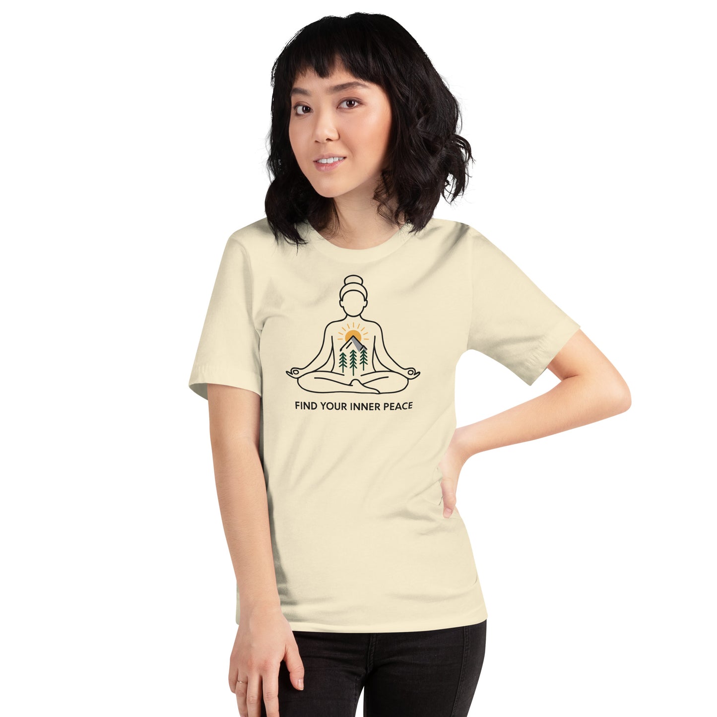 woman wearing natural Find Your Inner Peace – Mountain Zen Tee | Unisex Meditation Shirt