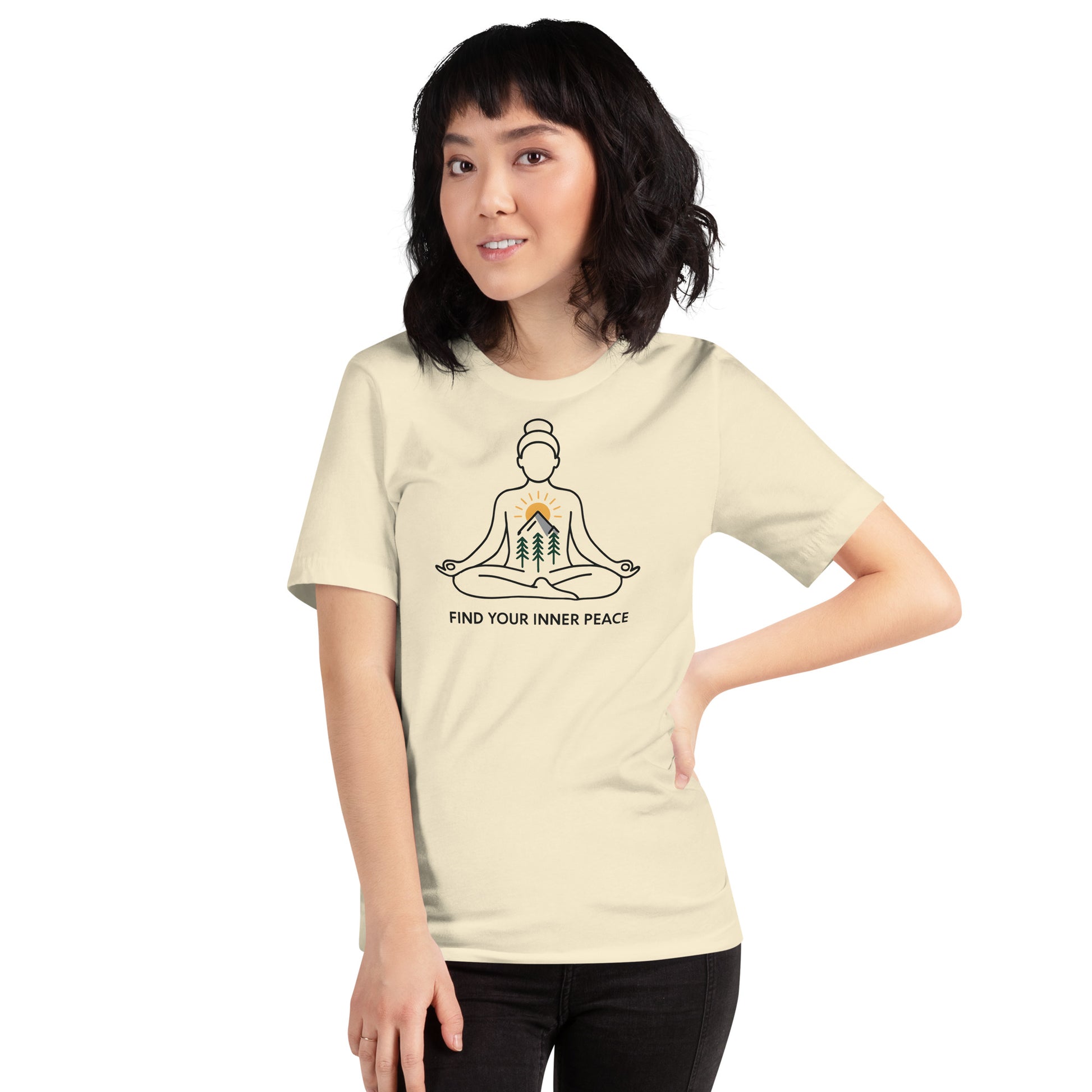 woman wearing natural Find Your Inner Peace – Mountain Zen Tee | Unisex Meditation Shirt