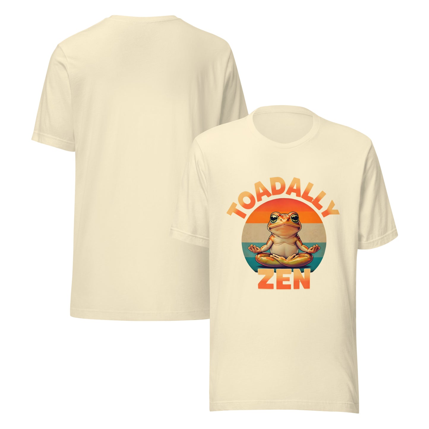 Beige t-shirt with a graphic of a meditating frog and 'Toadally Zen' text on a white background