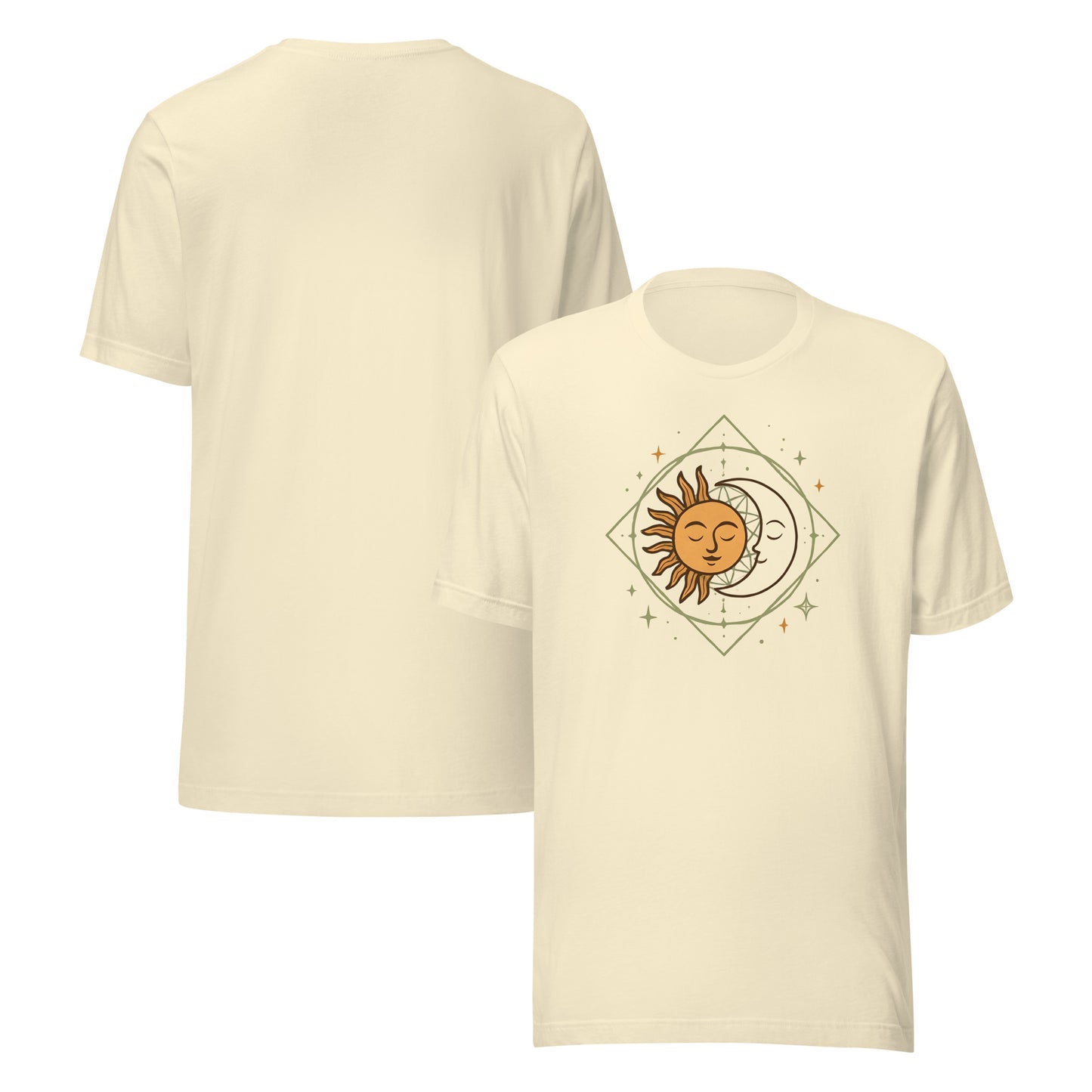 front and back of natural Sun and Moon Graphic Tee – Unisex Celestial T-Shirt