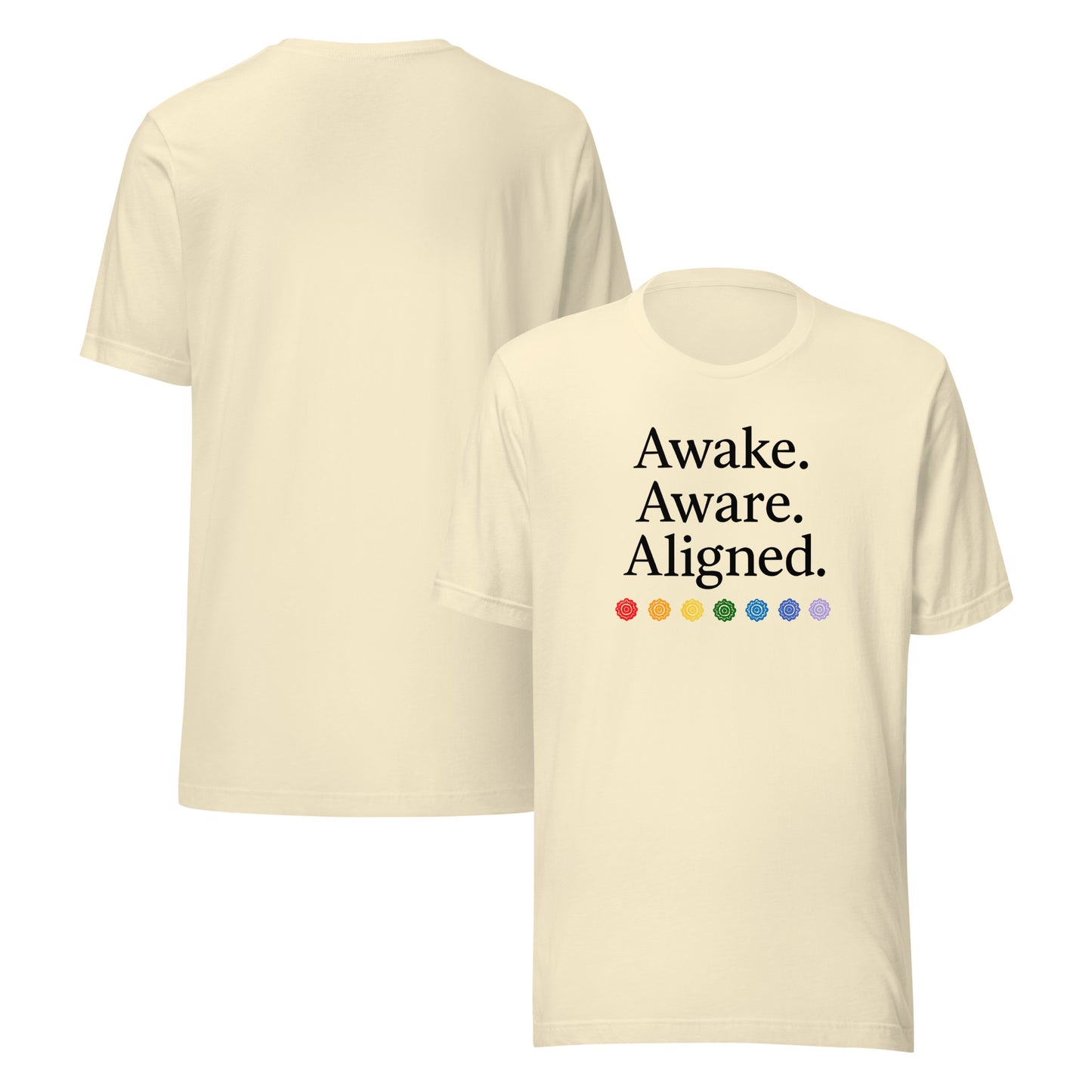 front and back of natural Awake. Aware. Aligned. Unisex Jersey T-Shirt – Mindful Statement Tee