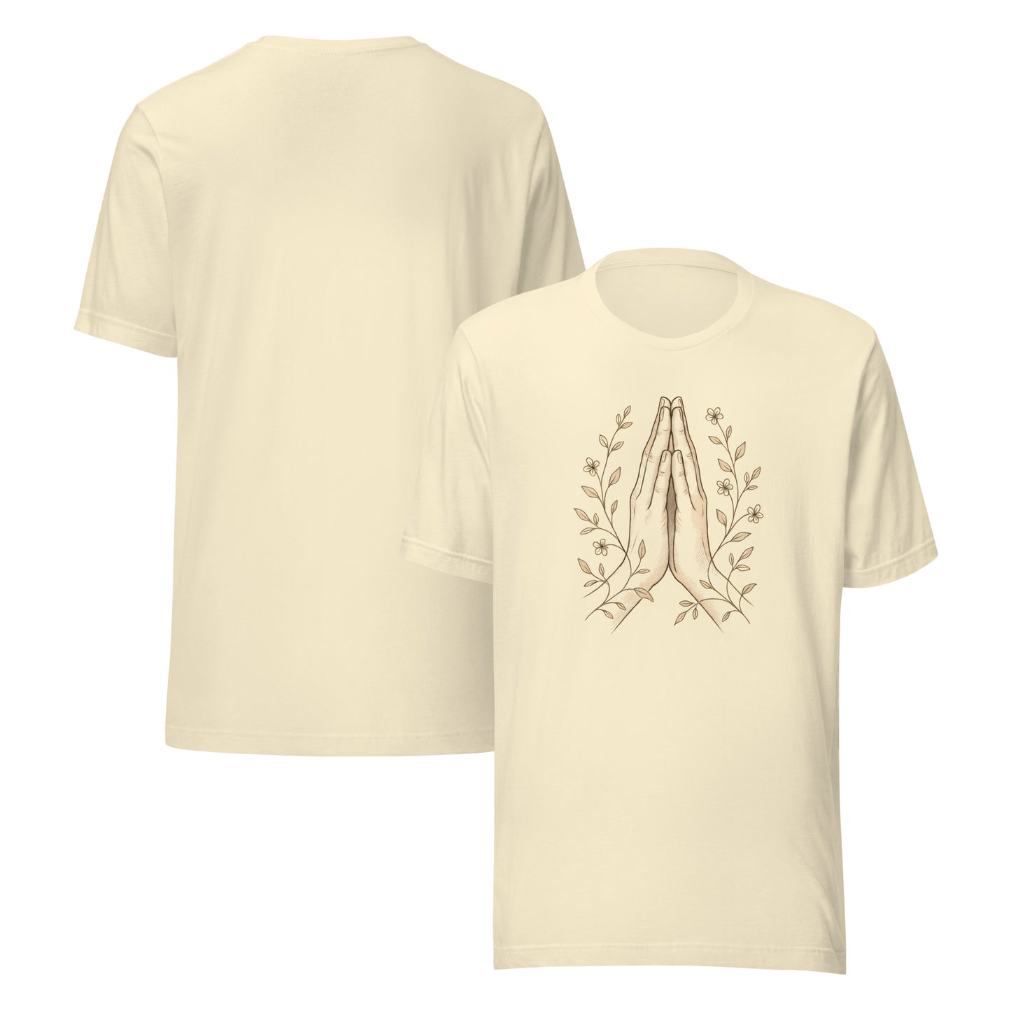 front and back of natural Namaste Hands T-Shirt – Unisex Spiritual Tee with Floral Design