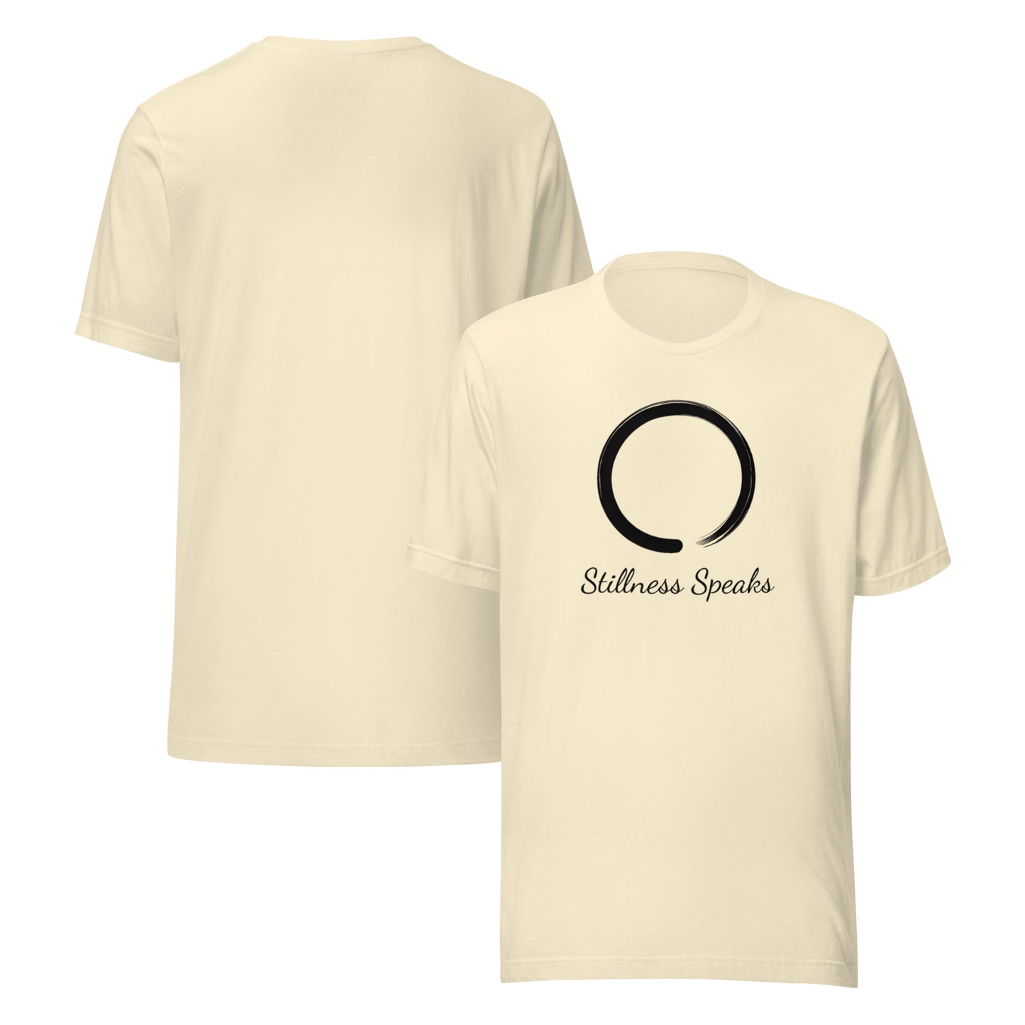 front and back of natural Stillness Speaks T-Shirt – Unisex Zen-Inspired Spiritual Tee