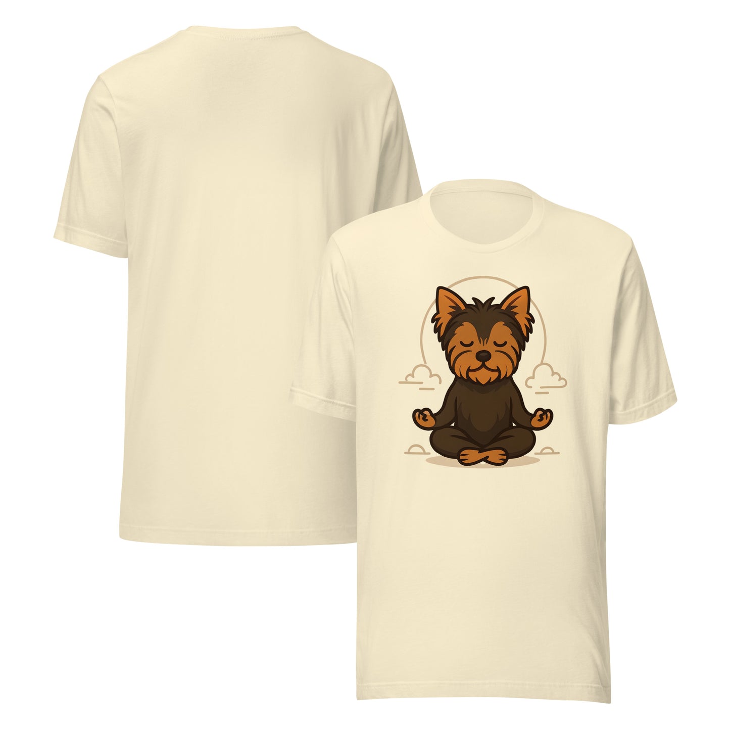 front and back of natural Meditating Yorkie T-Shirt – Mindful Dog Lover Gift
