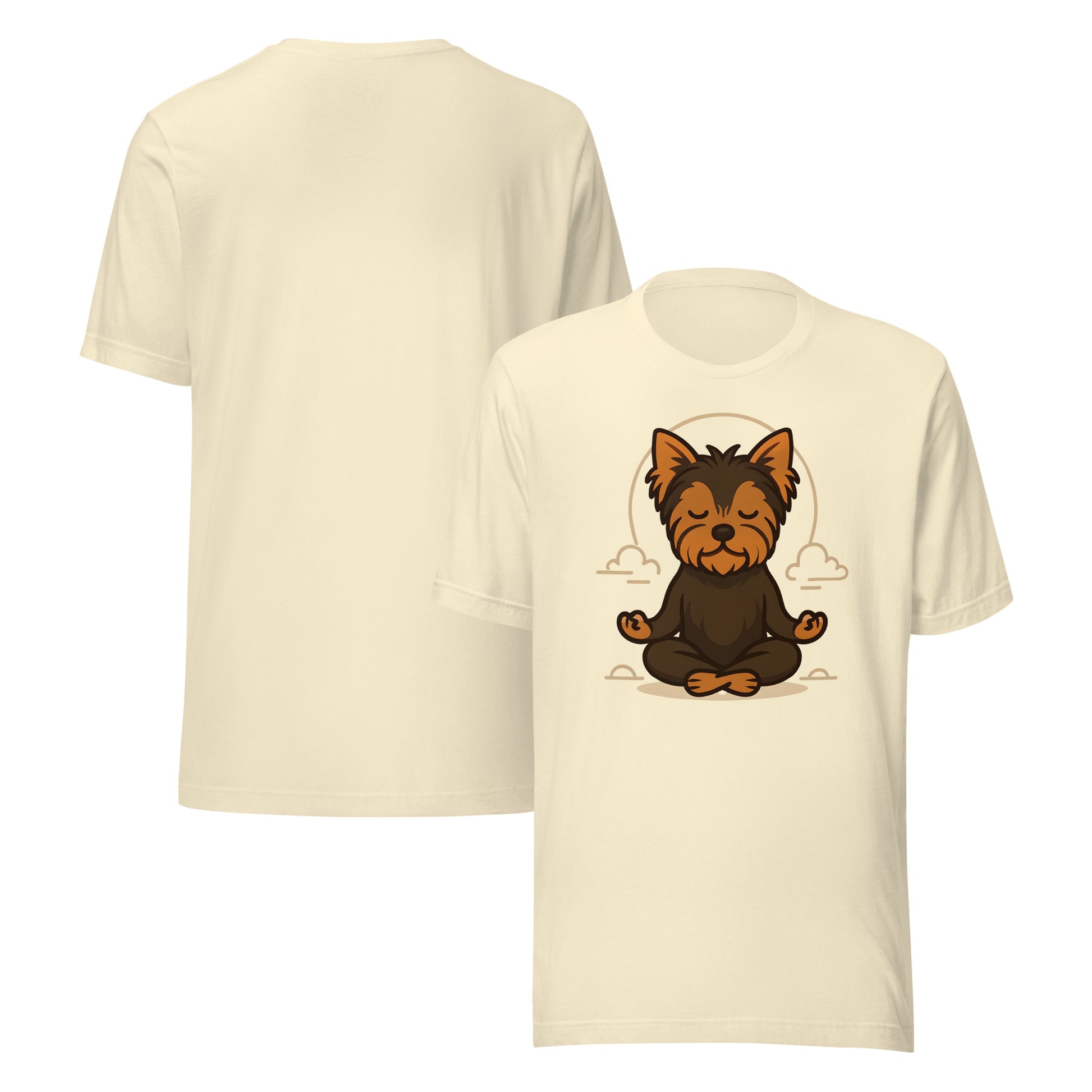 front and back of natural Meditating Yorkie T-Shirt – Mindful Dog Lover Gift