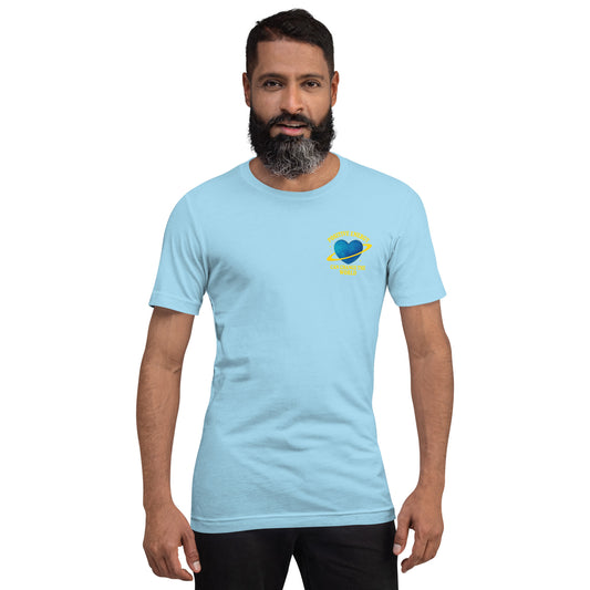 man wearing blue Positive Energy Heart Tee - Unisex Jersey T-Shirt
