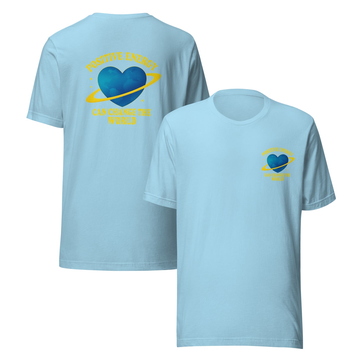 front and back of blue Positive Energy Heart Tee - Unisex Jersey T-Shirt