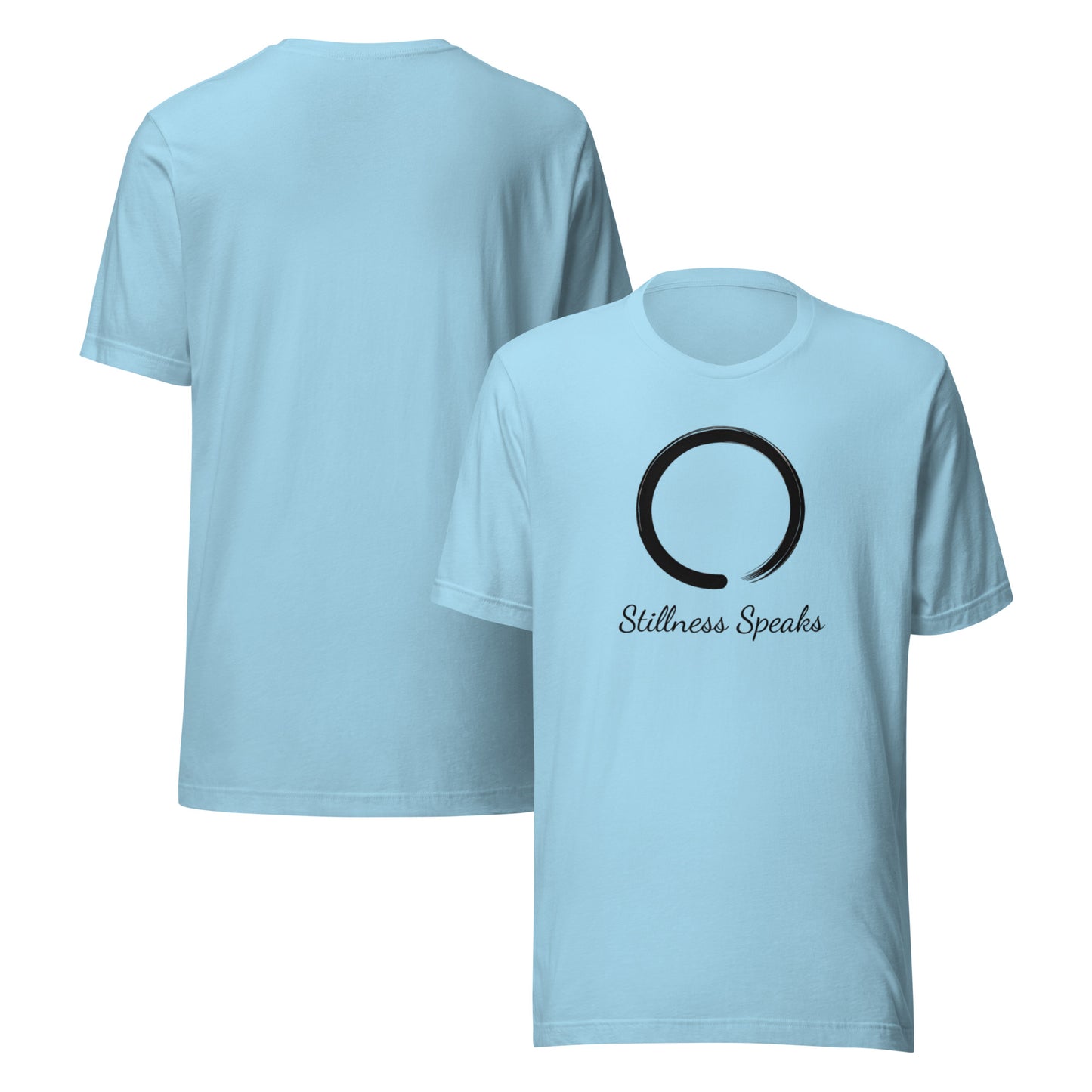 front and back of blue Stillness Speaks T-Shirt – Unisex Zen-Inspired Spiritual Tee