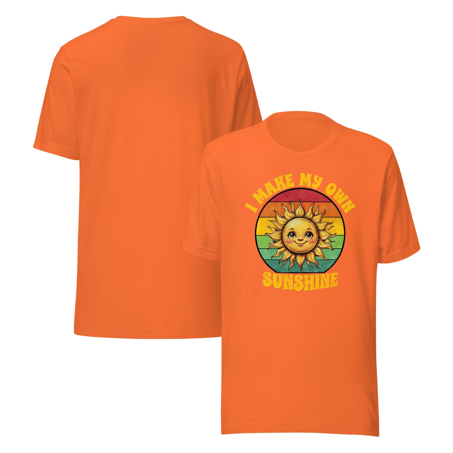 Orange t-shirt with I make my own sunshine graphic and text  on a white background