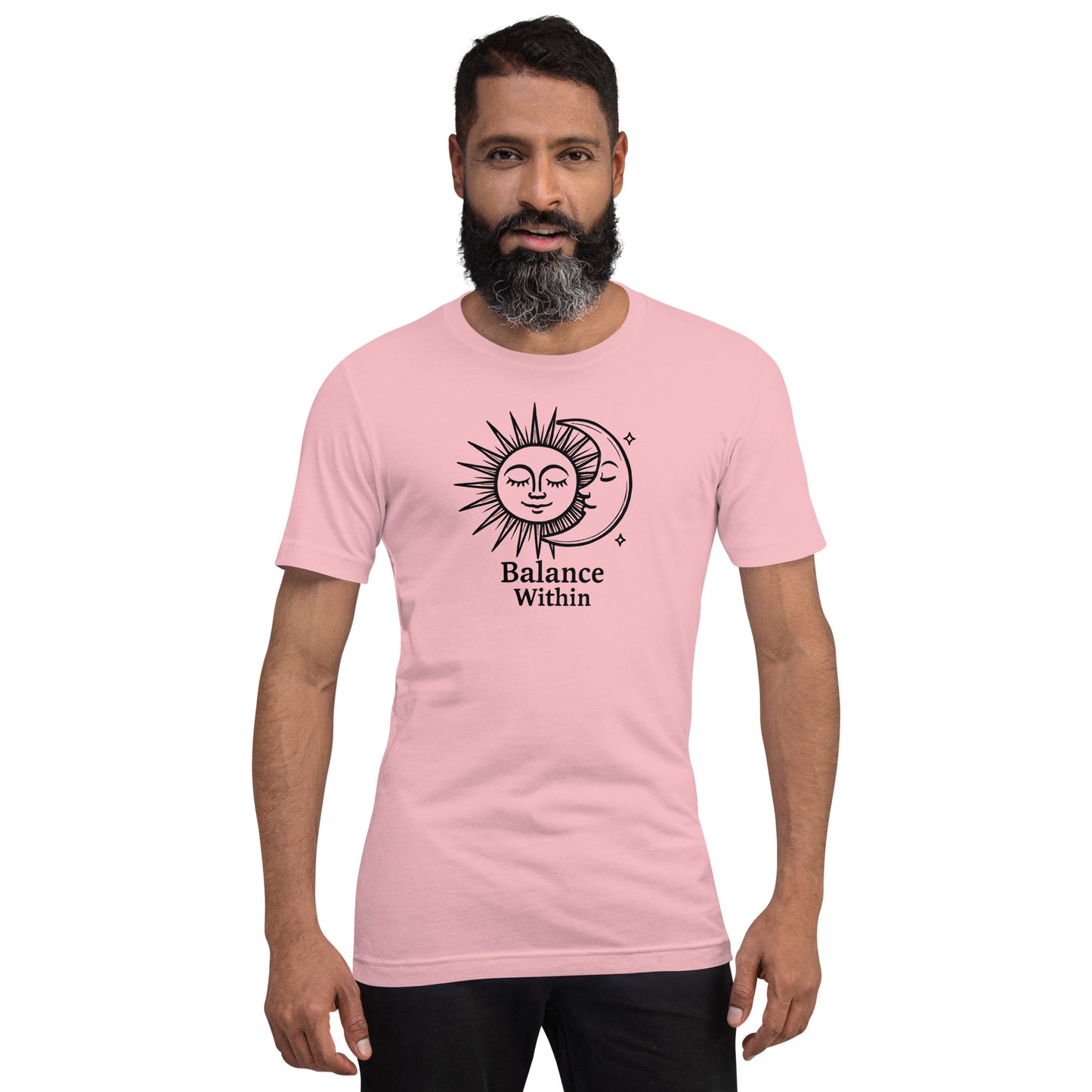 Man wearing a pink t-shirt with a sun and moon design and 'Balance Within' text on a white background