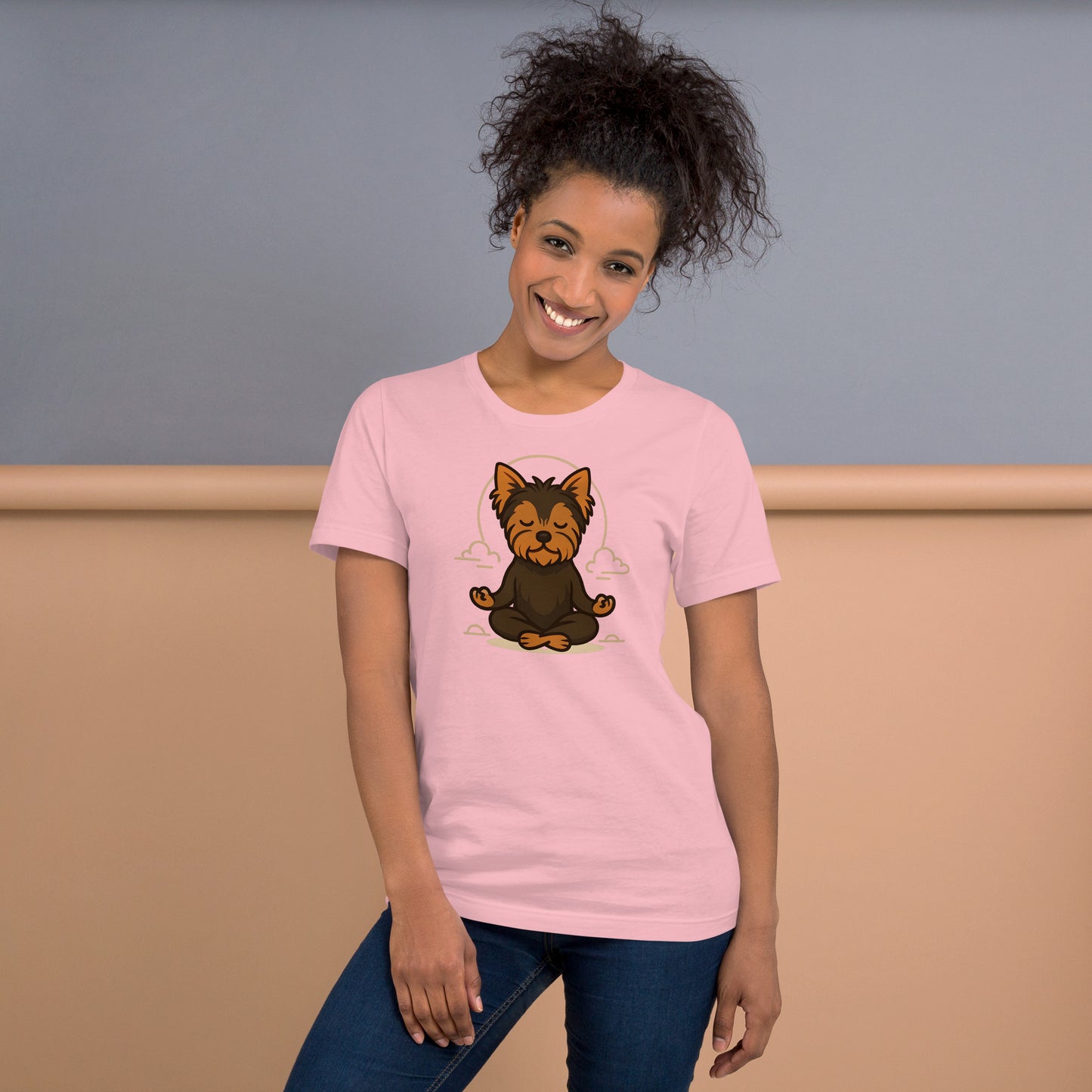 woman wearing pink Meditating Yorkie T-Shirt – Mindful Dog Lover Gift