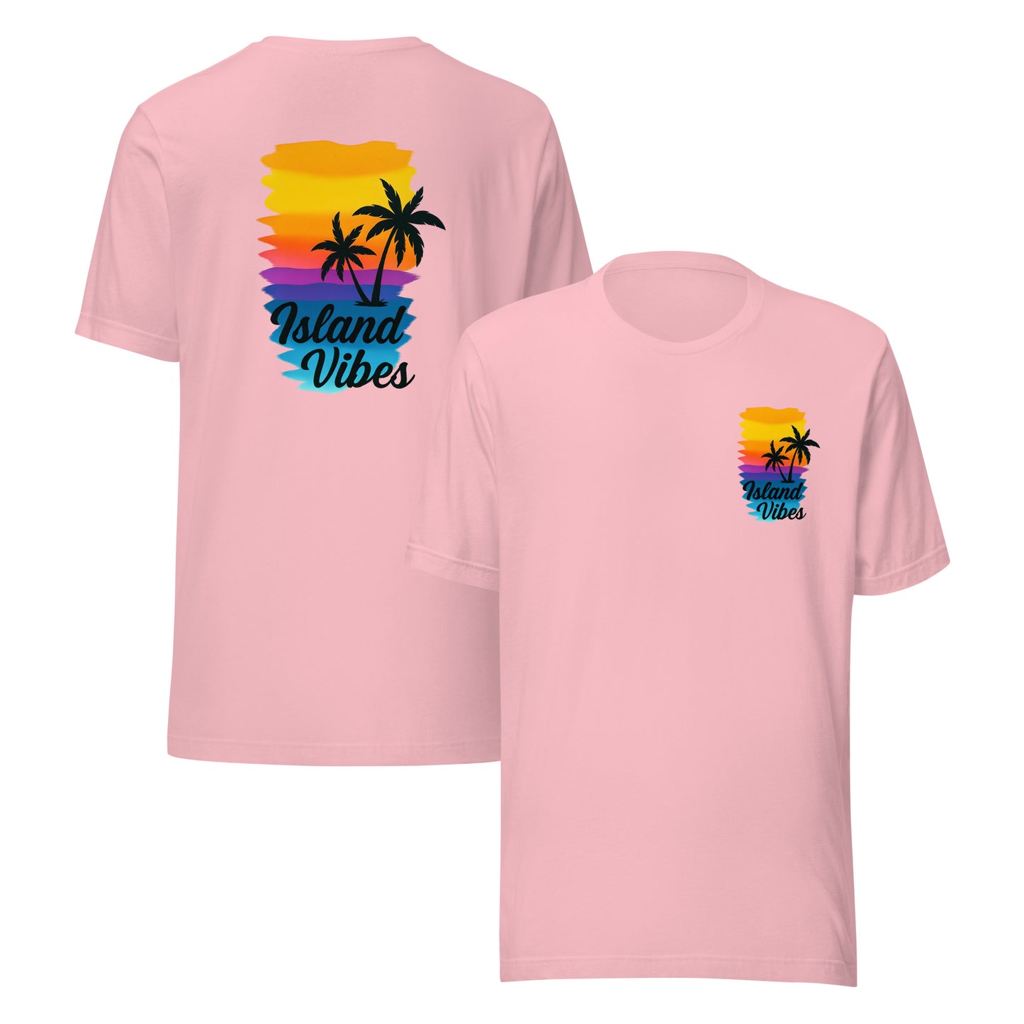 front and back of pink Unisex Island Vibes t-shirt with tropical graphic, perfect for summer, beach days, and vacation wear